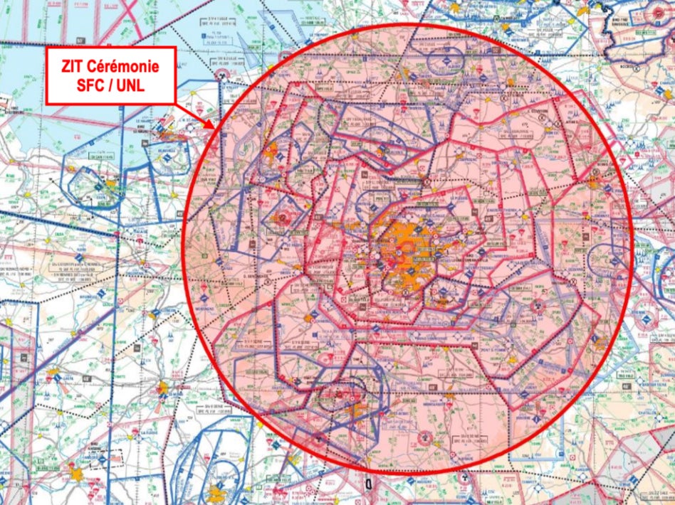 No go: The 28,922 square mile patch of airspace from which all passenger planes will be excluded during the Paris 2024 Olympics opening ceremony