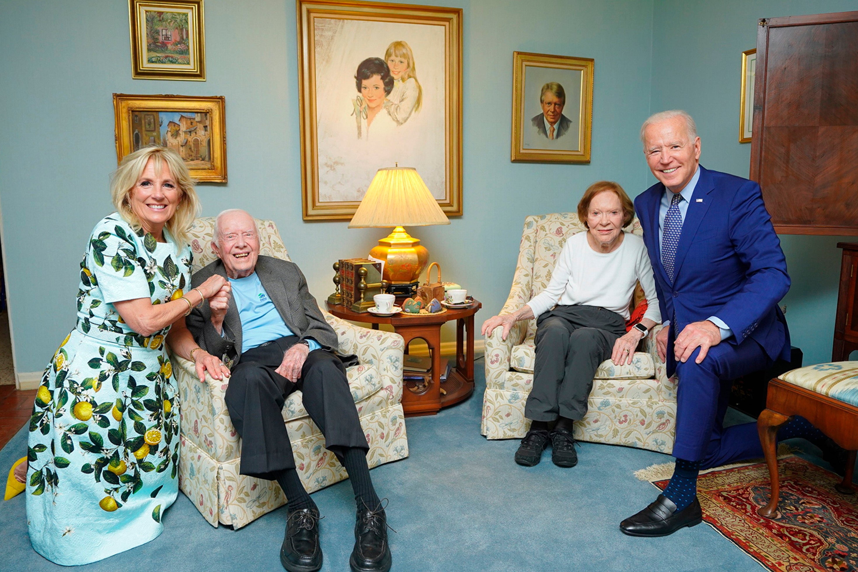 In this photo released by The White House, former president Jimmy Carter, center left, and former first lady Rosalynn Carter, center right, pose for a photo with President Joe Biden, right, and first lady Jill Biden at the home of the Carter’s in Plains, Georgia on April 30, 2021.