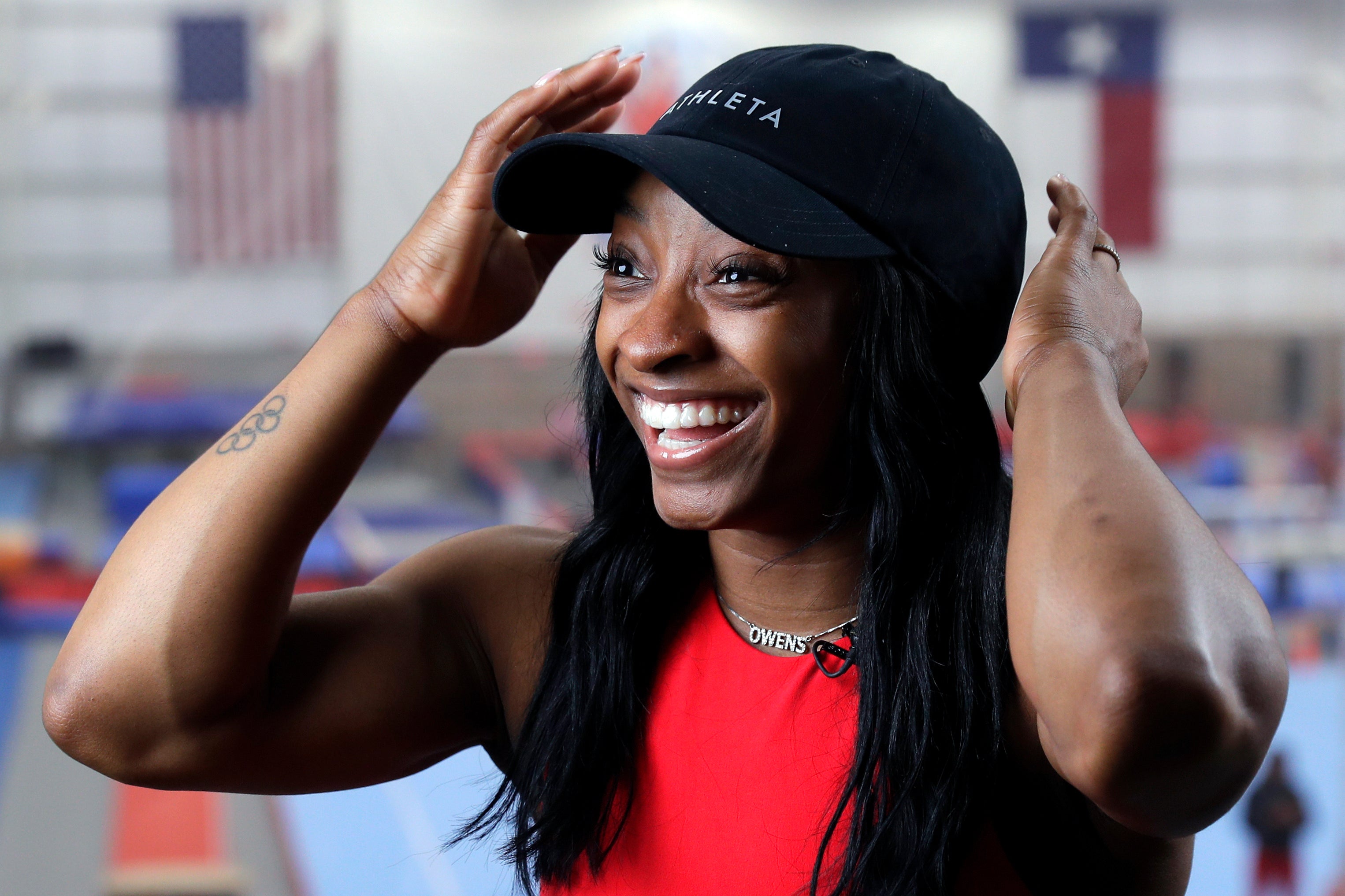 Olympic gold medalist Simone Biles Owens is interviewed after training at the Stars Gymnastics Sports Center in Katy, Texas