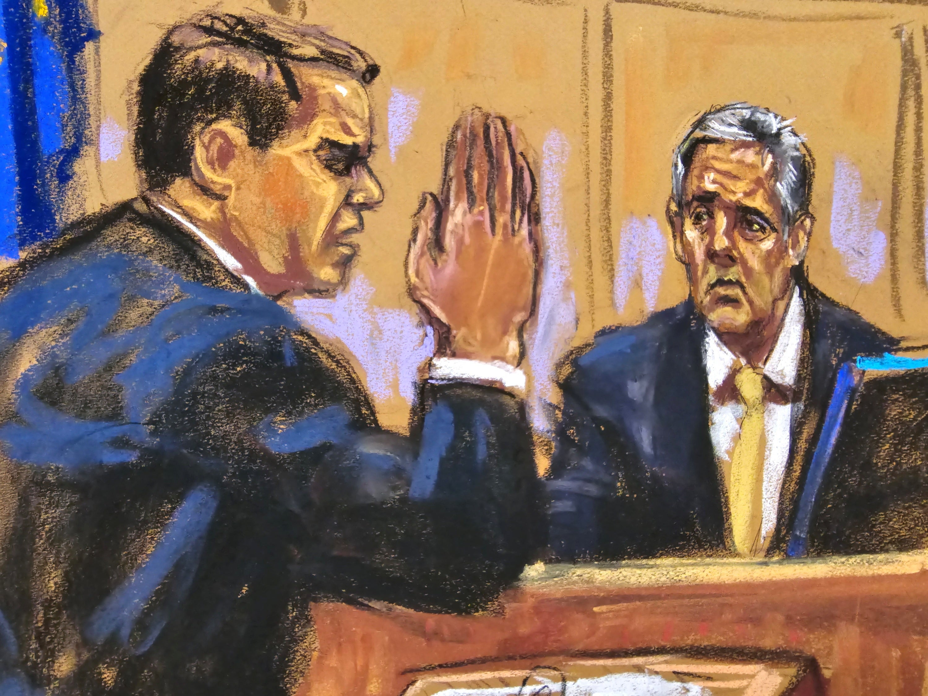 Michael Cohen is asked about taking an oath as he is cross-examined by defense lawyer Todd Blanche during former President Donald Trump’s criminal trial