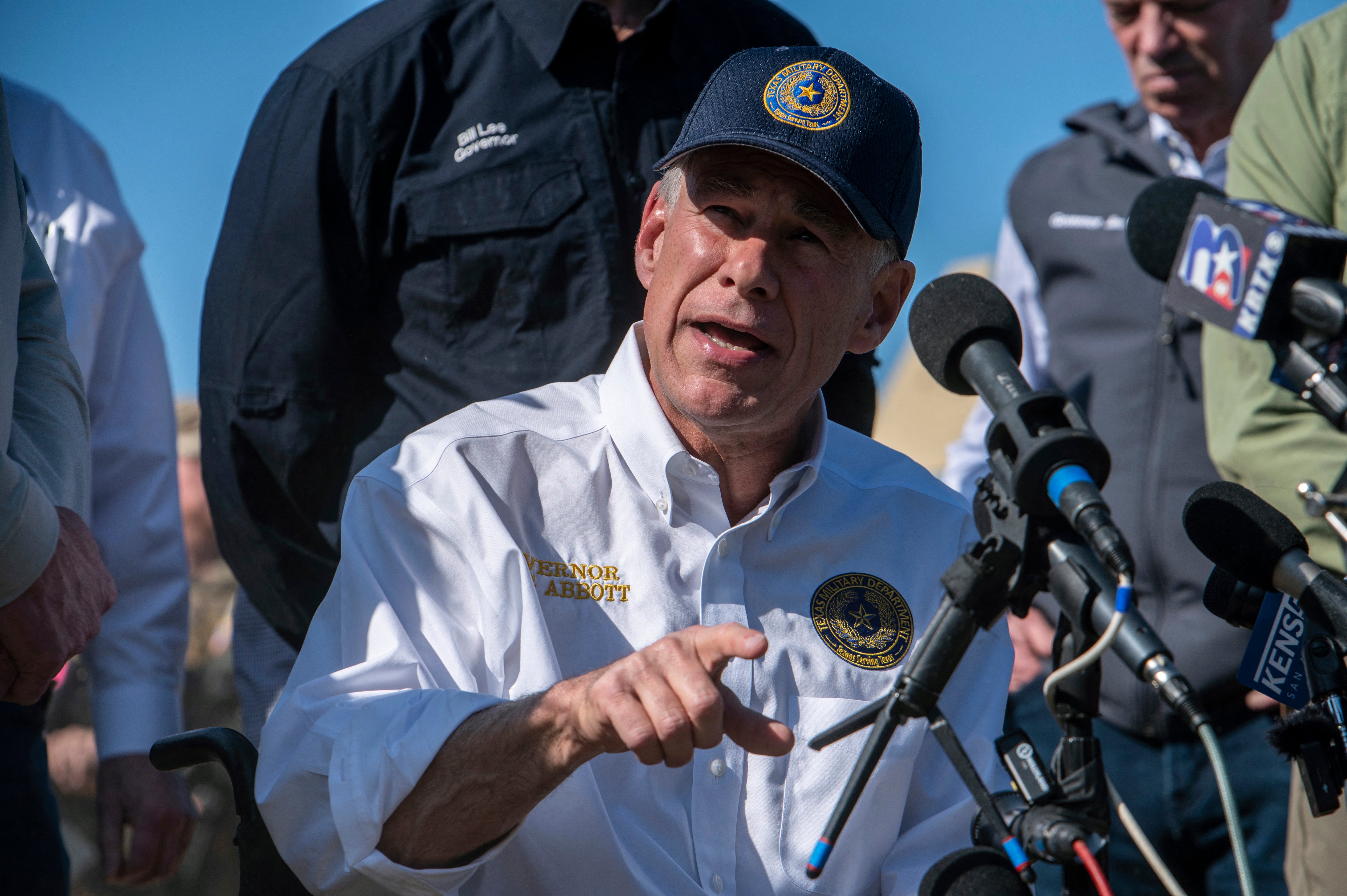 Texas Governor Greg Abbott holds a press conference at Shelby Park in Eagle Pass, Texas, on February 4, 2024