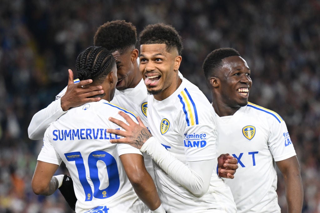 Leeds celebrate scoring against Norwich