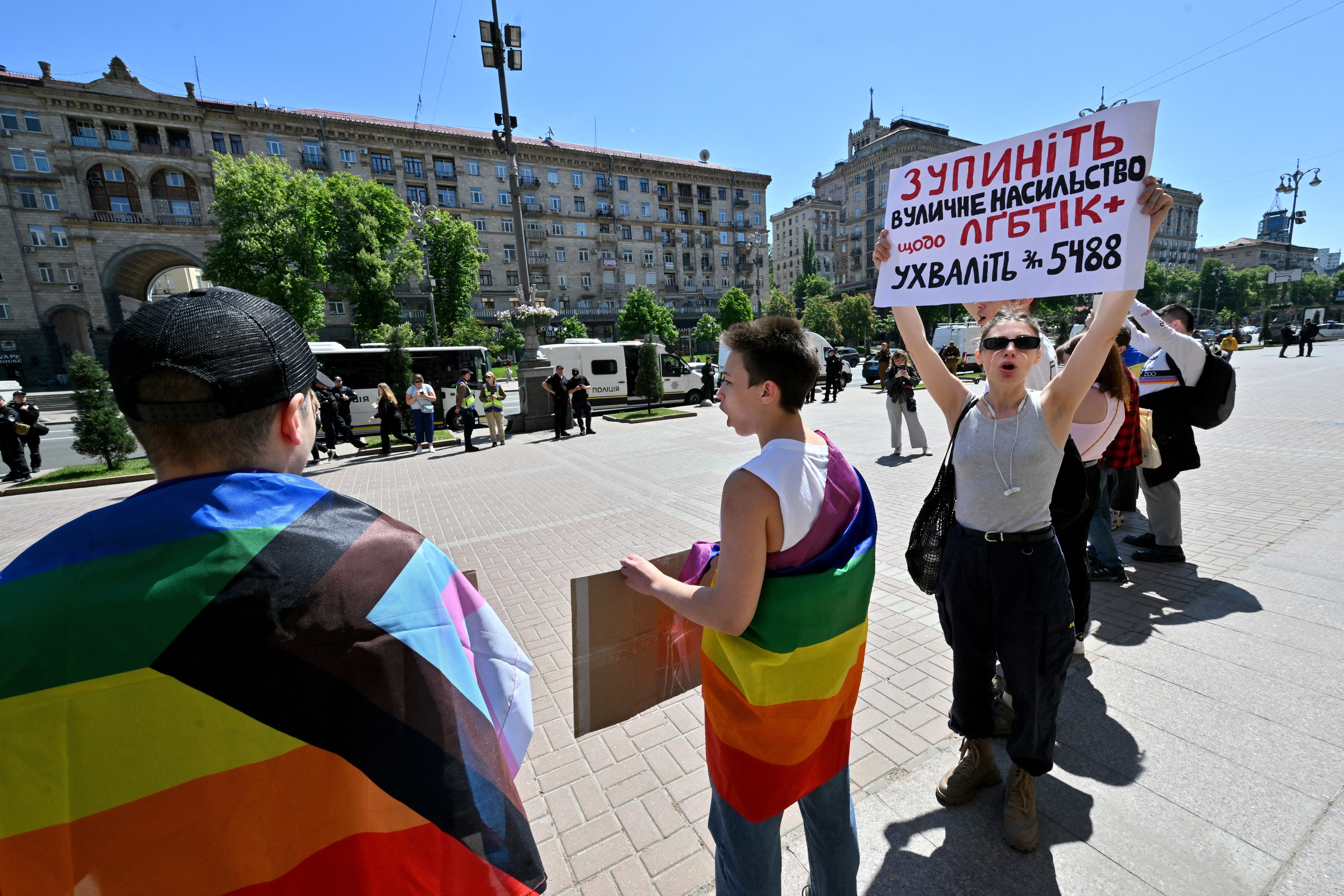 People protest outside Kyiv city hall to demand protection of LGBTQ people's rights during a rally marking the International Day against homophobia, transphobia and biphobia, on May 17, 2024