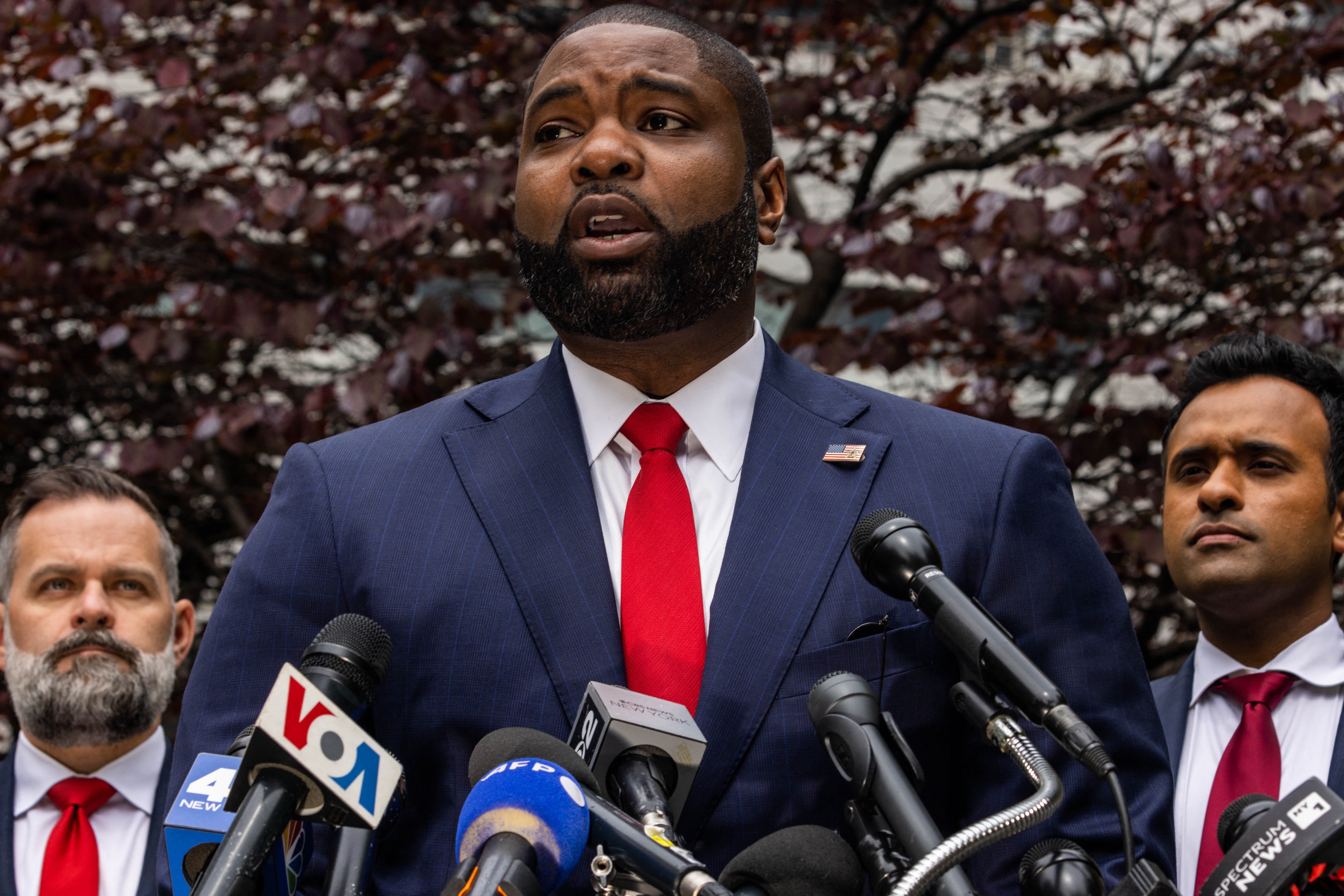 US Representative Byron Donalds, Republican of Florida, speaks outside the Manhattan Criminal Court in New York City, on May 14, 2024