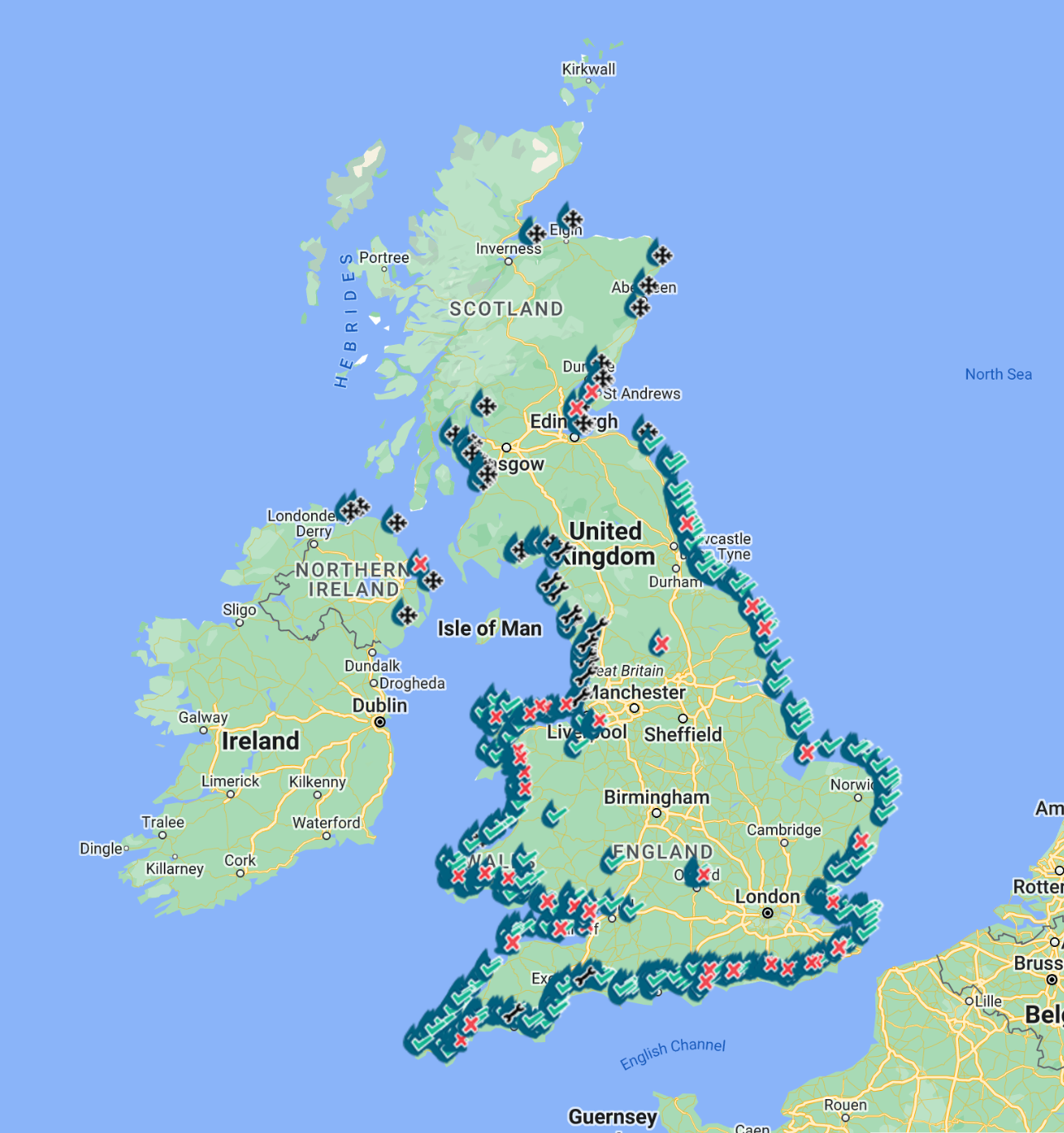 On Saturday, the map showed approximately 60 red crosses which represent sewage pollution alerts