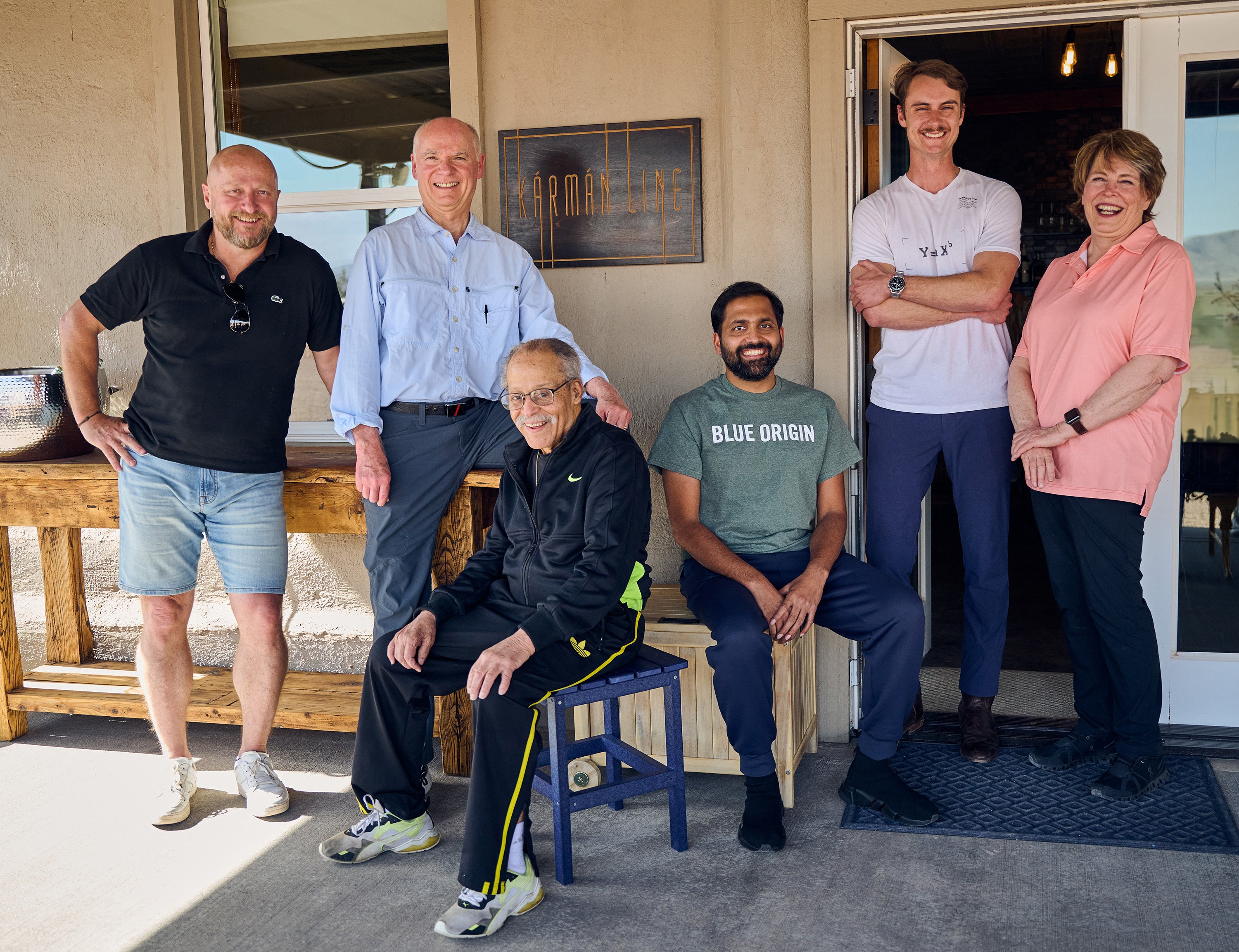 Ed Dwight pictured sitting with the five people who will join him in space on Sunday. Mr Dwight, the first Black man to train to be an astronaut, trained at the Aerospace Research Pilot School in 1961