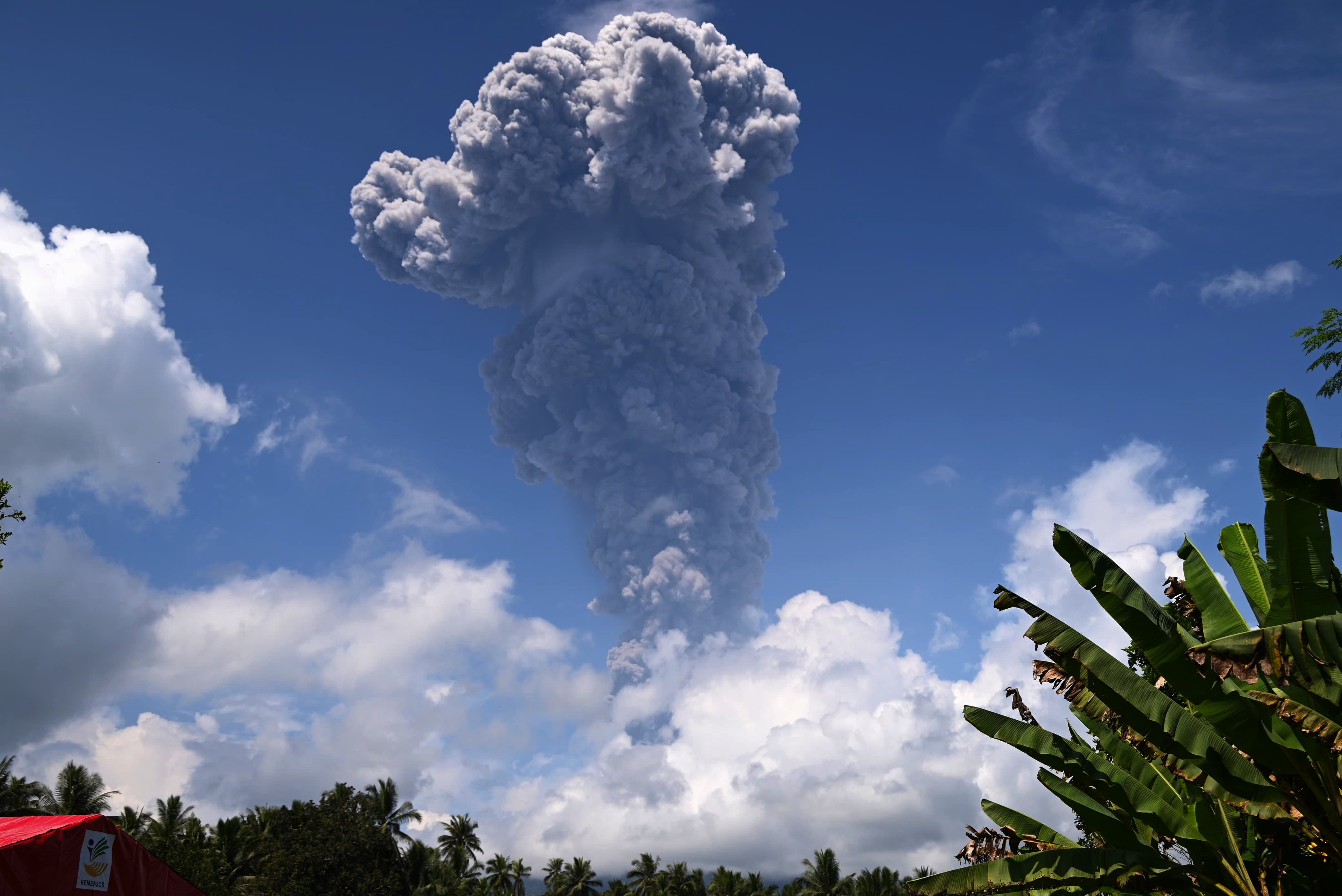 A handout photo made available by Indonesia’s Center for Volcanology and Geological Hazard Mitigation shows thick grey ash and dark clouds spewed from Mount Ibu in North Maluku province, Indonesia, 15 May 2024