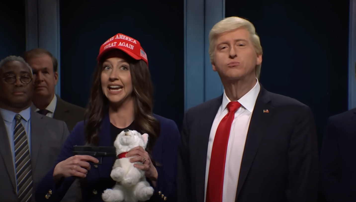 Noem’s revelation that she shot and killed a puppy for its behaviour was poken fun at on SNL, with Heidi Gardner (left) playing her.