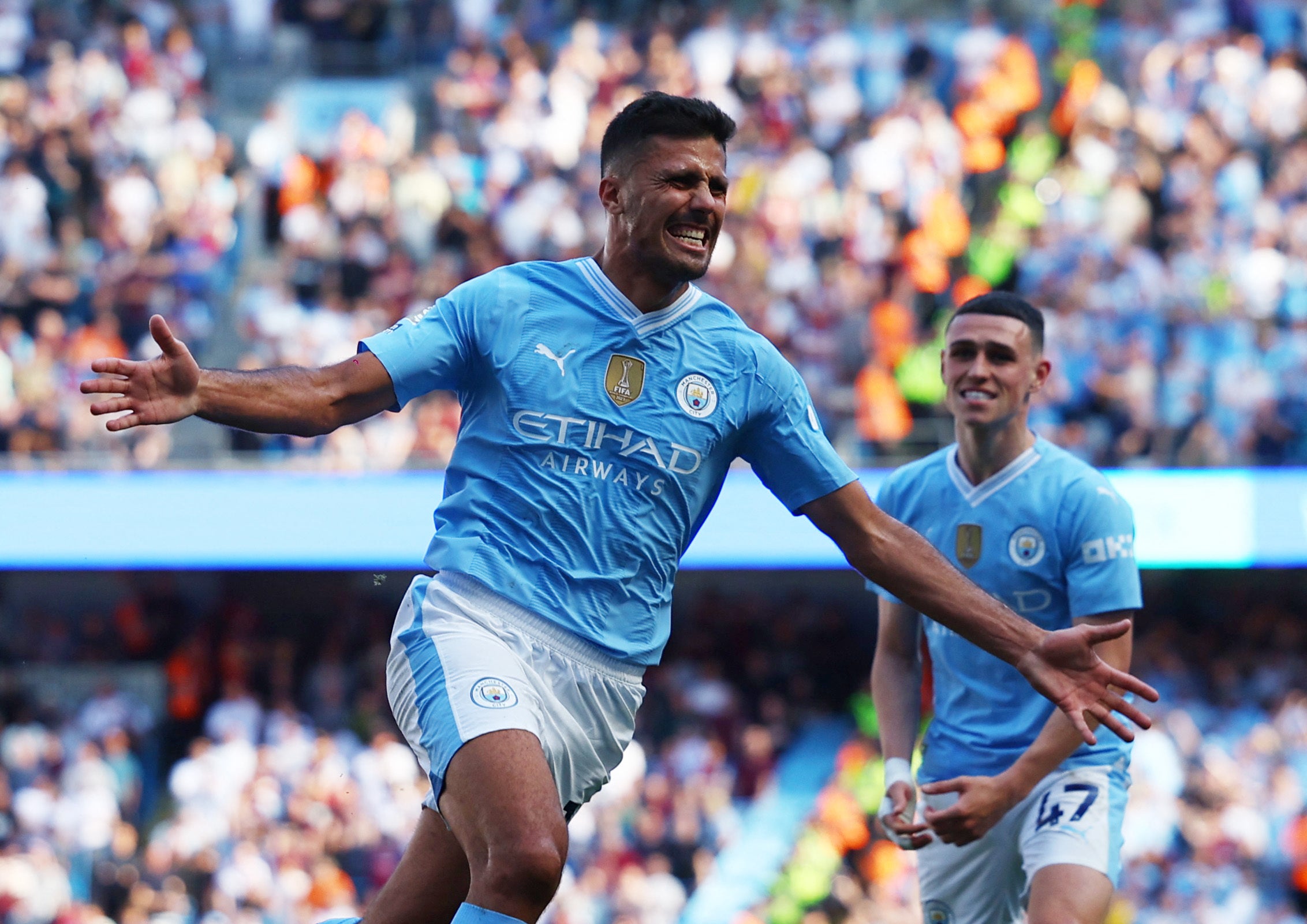 Rodri celebrates scoring during City’s final-day win