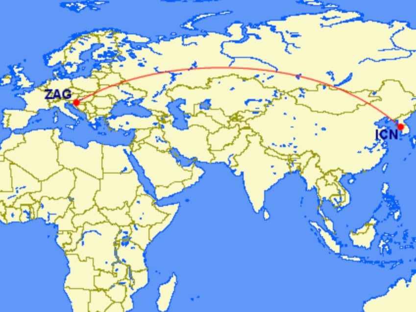 Fast track: the most direct route between Zagreb (ZAG) and South Korea’s main airport, Incheon (ICN)