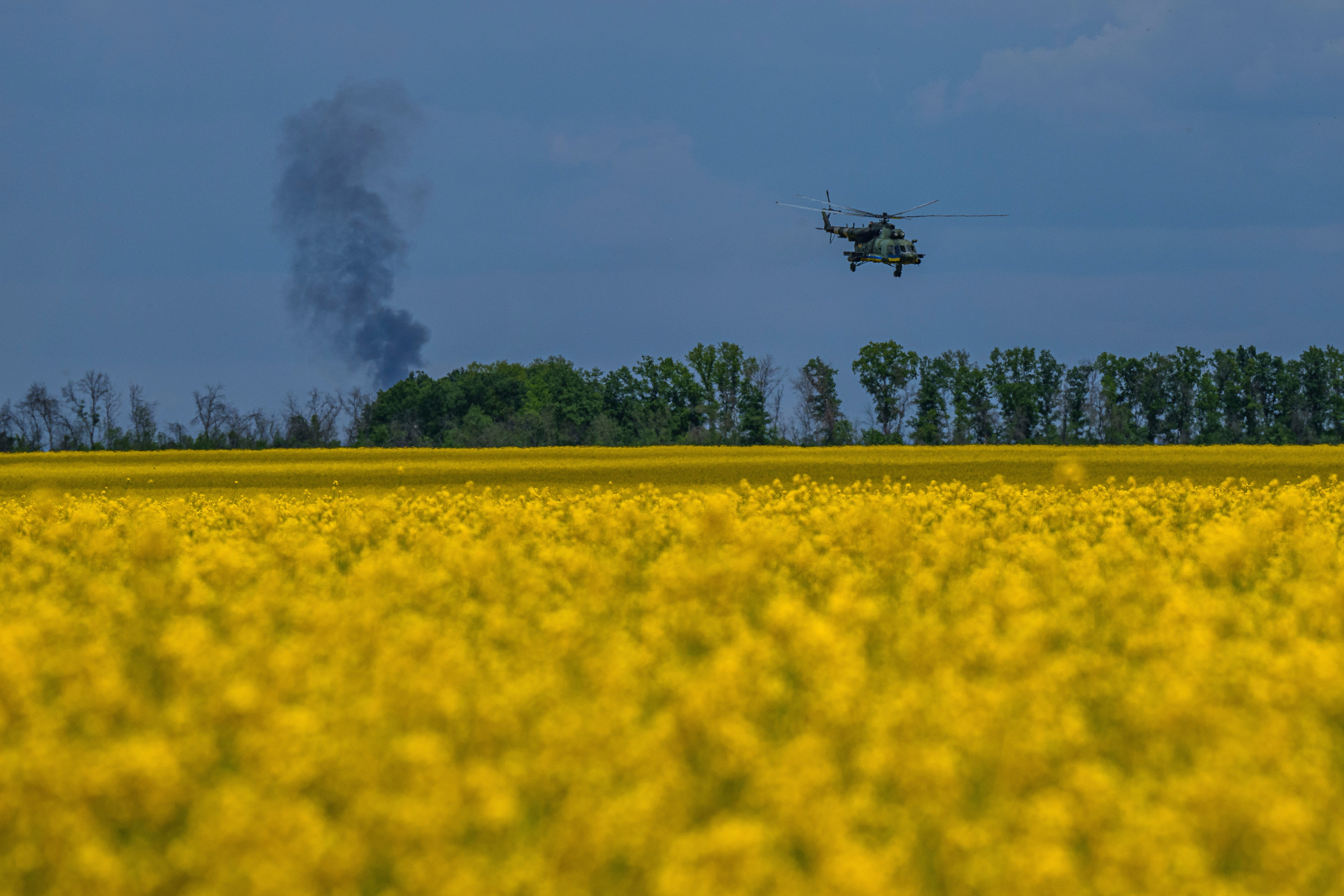 A Ukrainian Mi-8 helicopter returns from a combat operation at the frontline in Kharkiv region, Ukraine