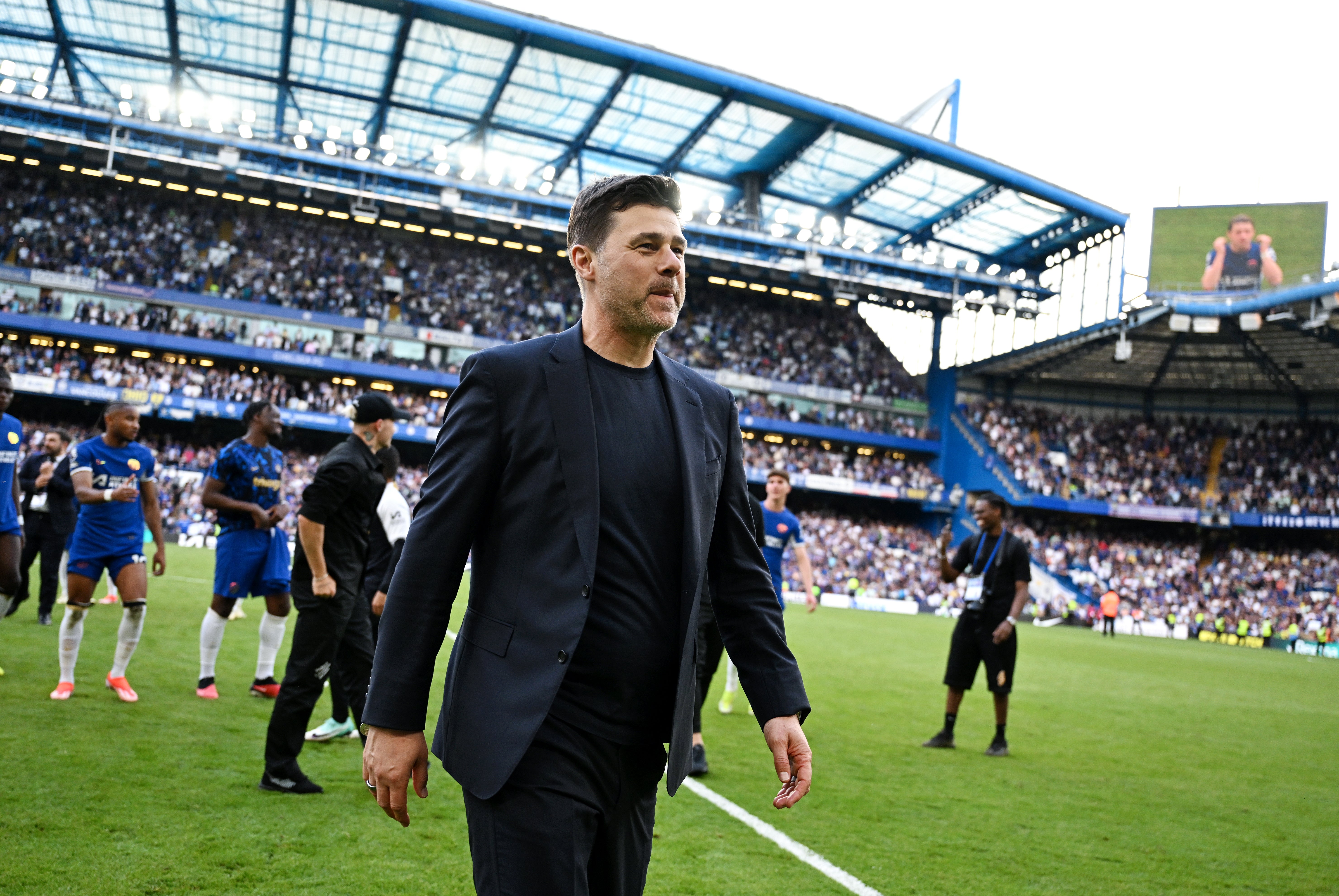 Mauricio Pochettino, Manager of Chelsea, looks on at full-time after victory over Bournemouth