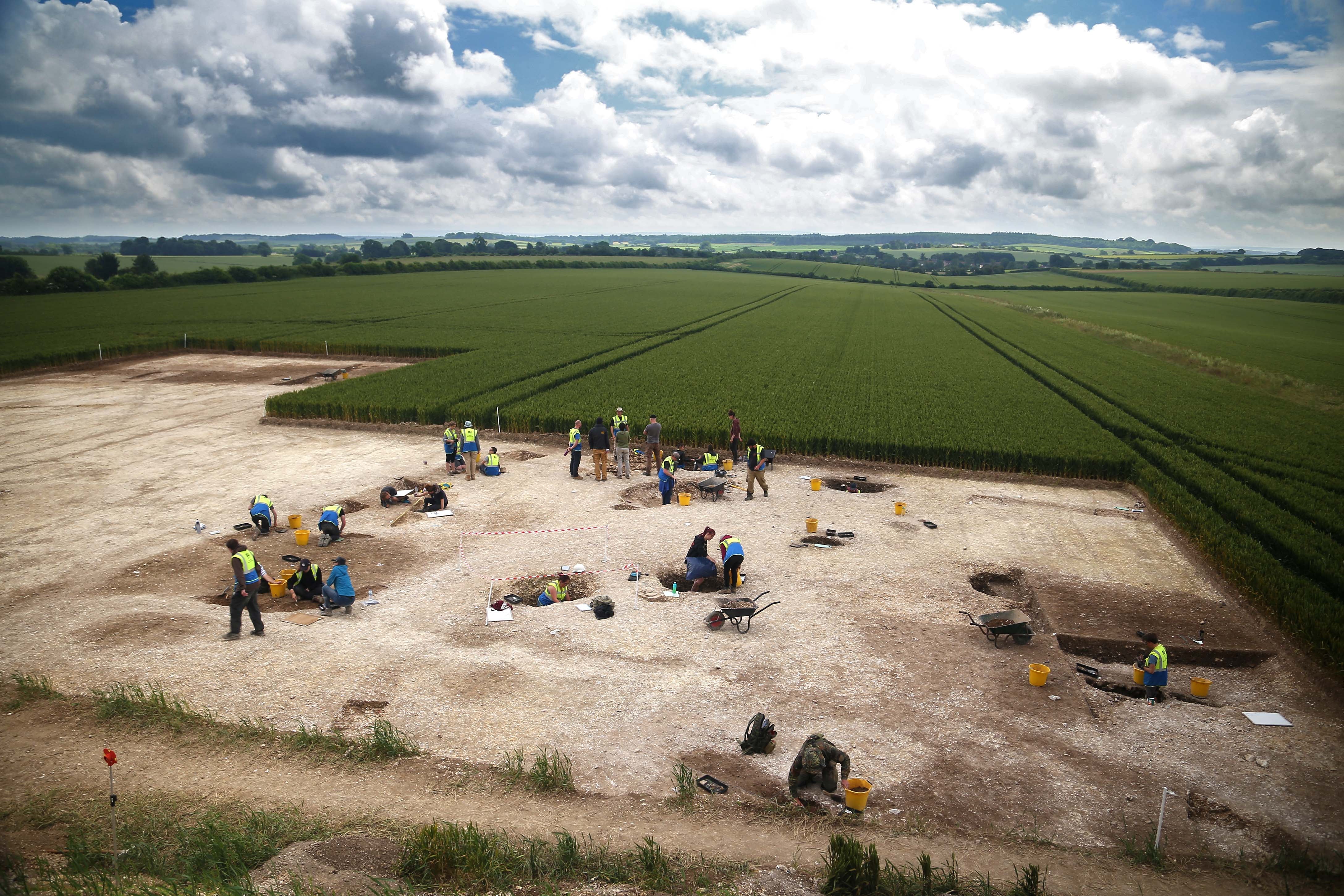 The excavation site of pre-historic settlement dating back 2,000 years at Winterborne Kingston in central Dorset