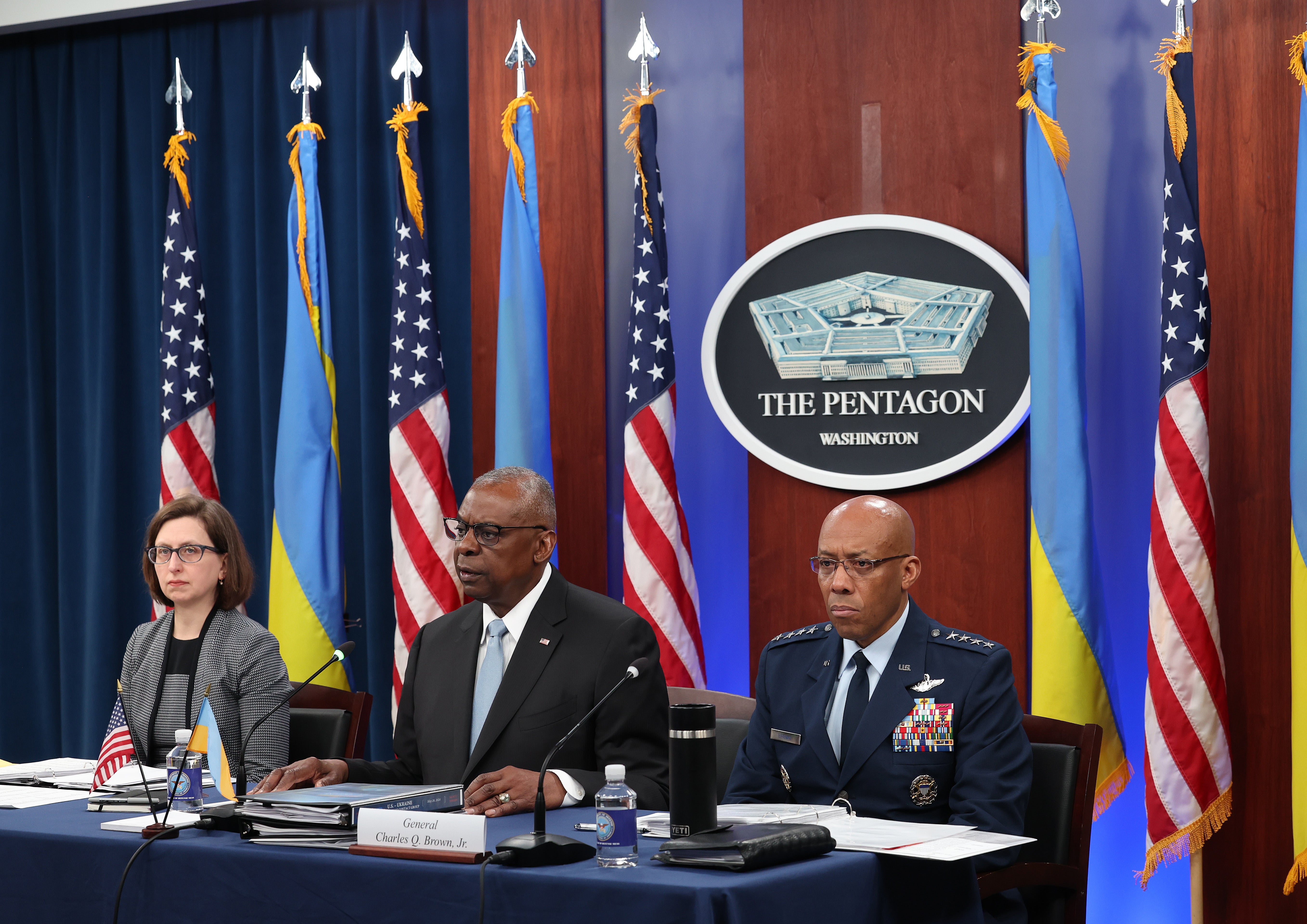 From left: US deputy assistant secretary of defence Laura Cooper, secretary of defence Lloyd Austin and chair of the Joint Chiefs of Staff General Charles Q Brown Jr all participate in a virtual meeting of the Ukraine Defence Contact Group