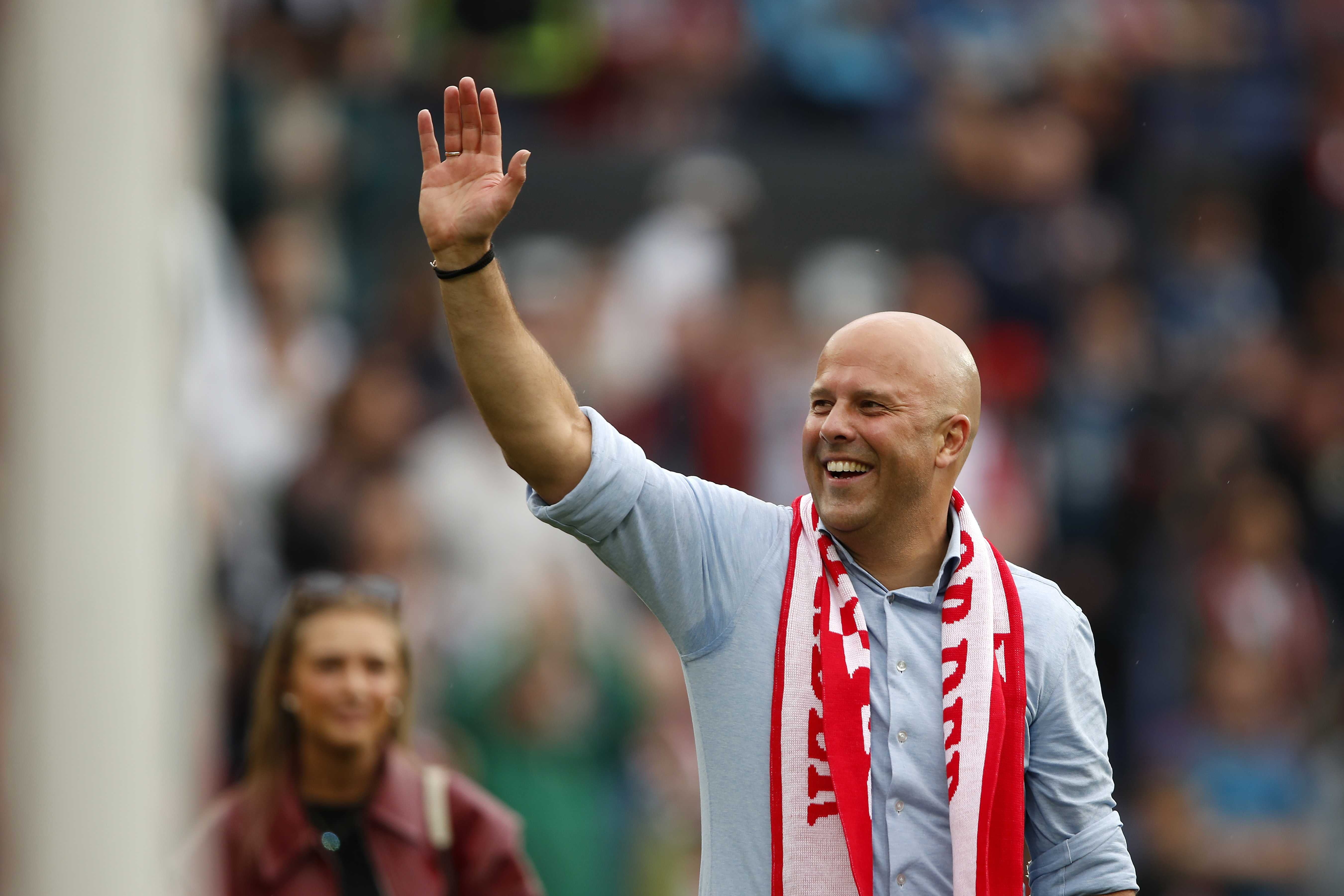 Arne Slot waves to the crowd after his final game in charge of Feyenoord