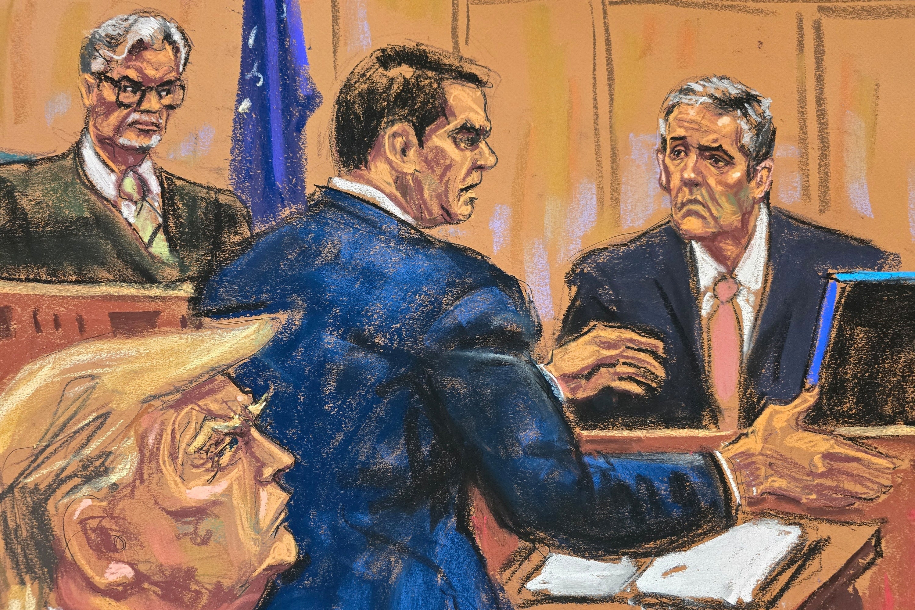 A court sketch depicts Donald Trump watching his attorney Todd Blanche question Michael Cohen during the former president’s hush money trial on May 20