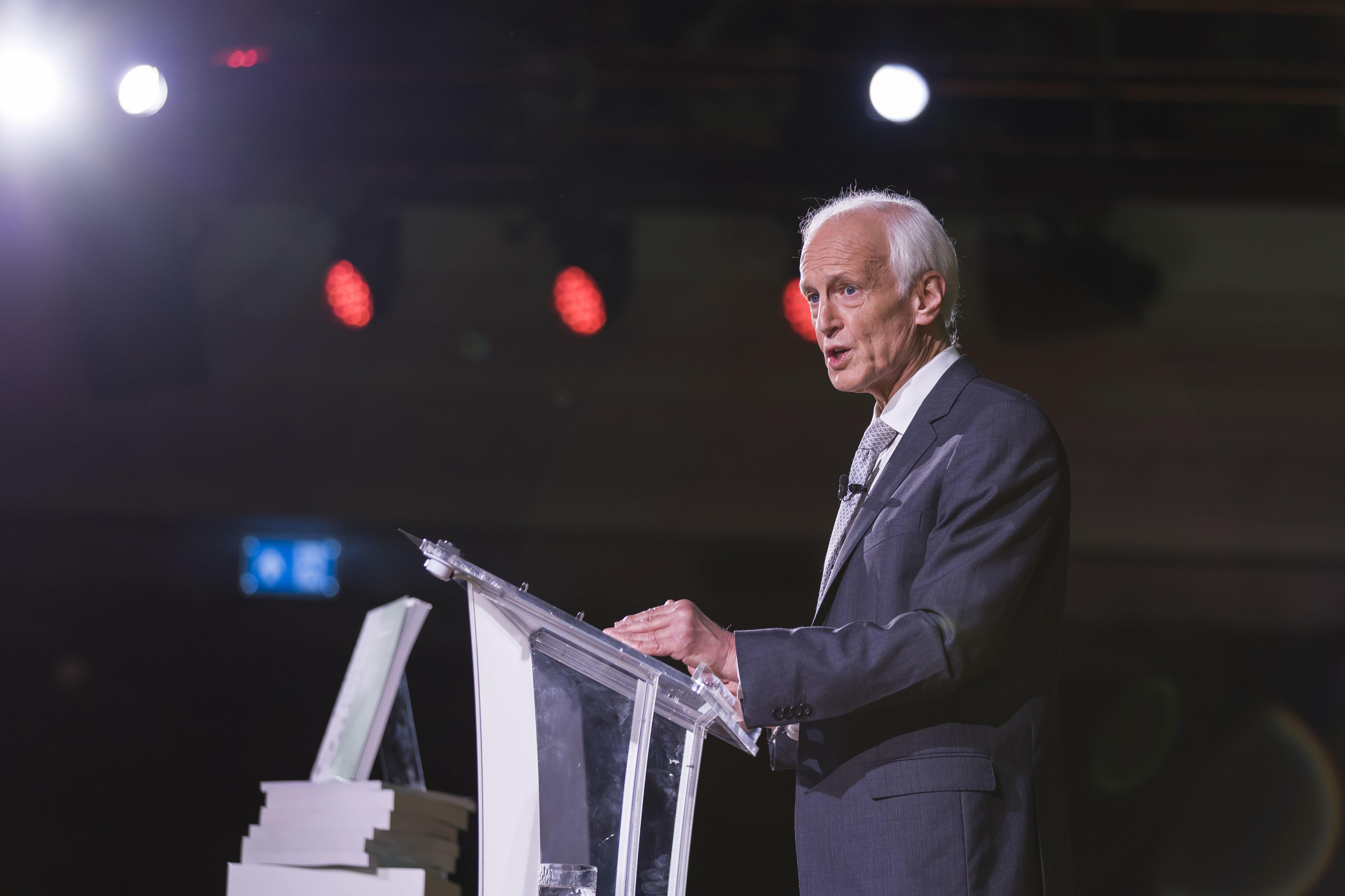 Sir Brian Langstaff at Central Hall Westminster London speaking to the audience (Tracey Croggon/Infected Blood Inquiry/PA)
