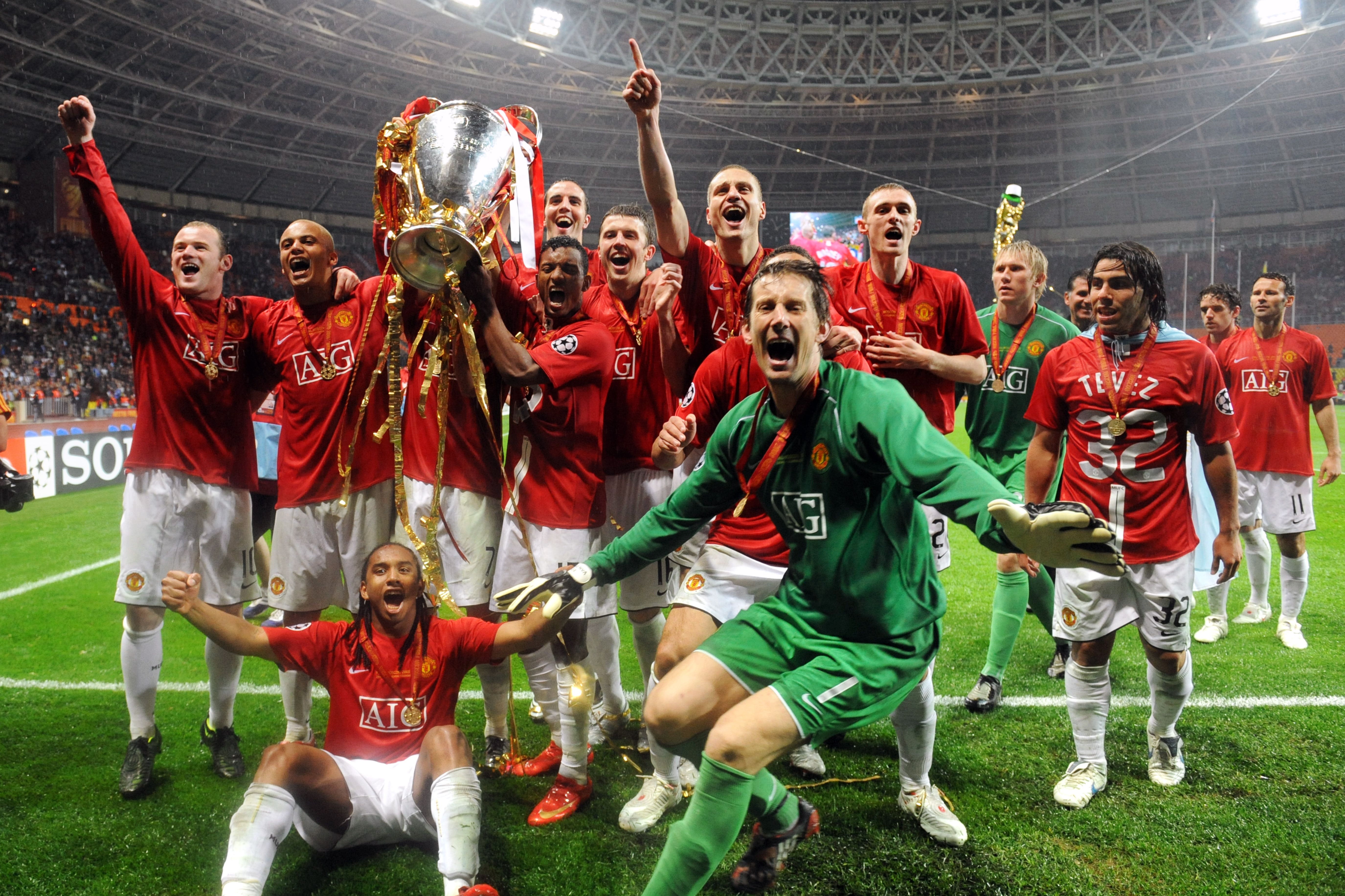 Manchester United celebrate winning the Champions League in Moscow (Owen Humphreys/PA)