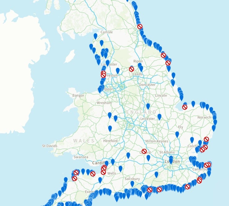 Map shows bathing spots in England where people should and should not swim