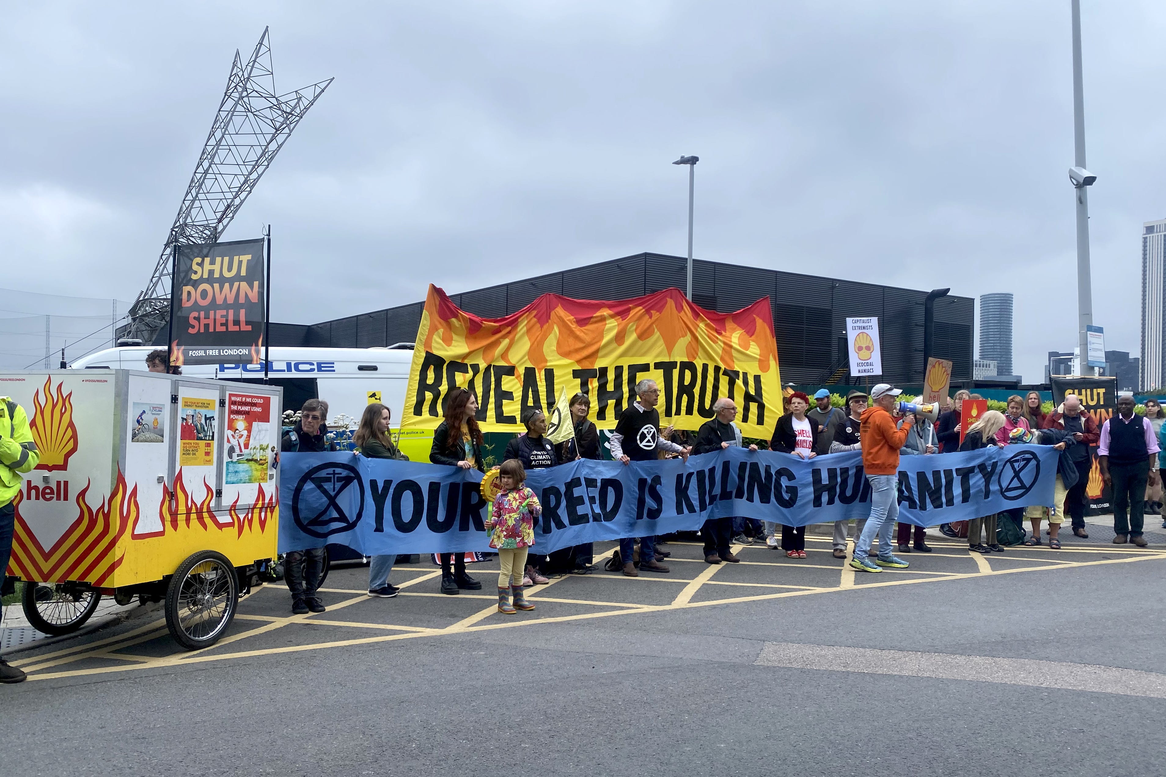 Protesters gathered outside the hotel in London where the Shell AGM was being held (Rebecca Speare-Cole/PA)