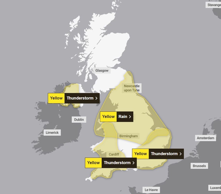 Many parts of the south of the country and Wales come under the thunderstorm warning issued by the Met Office