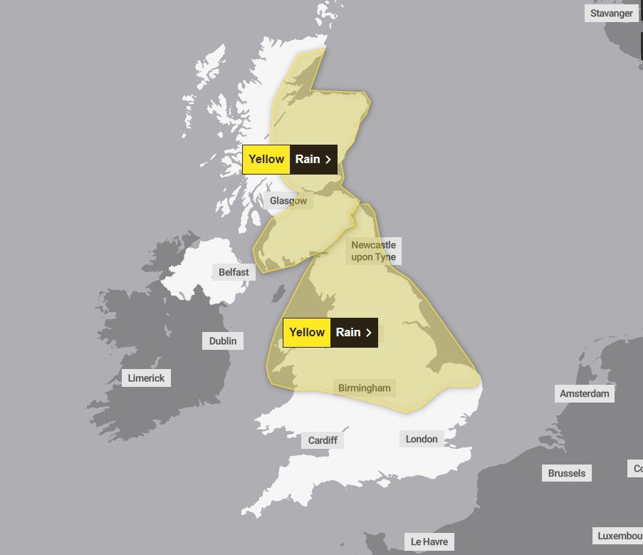 Yellow weather warnings for rain will be place for the Midlands and the north of England on Wednesday until 6am on Thursday, while in Scotland they are in force for the eastern side of the country from noon until 6pm on Thursday