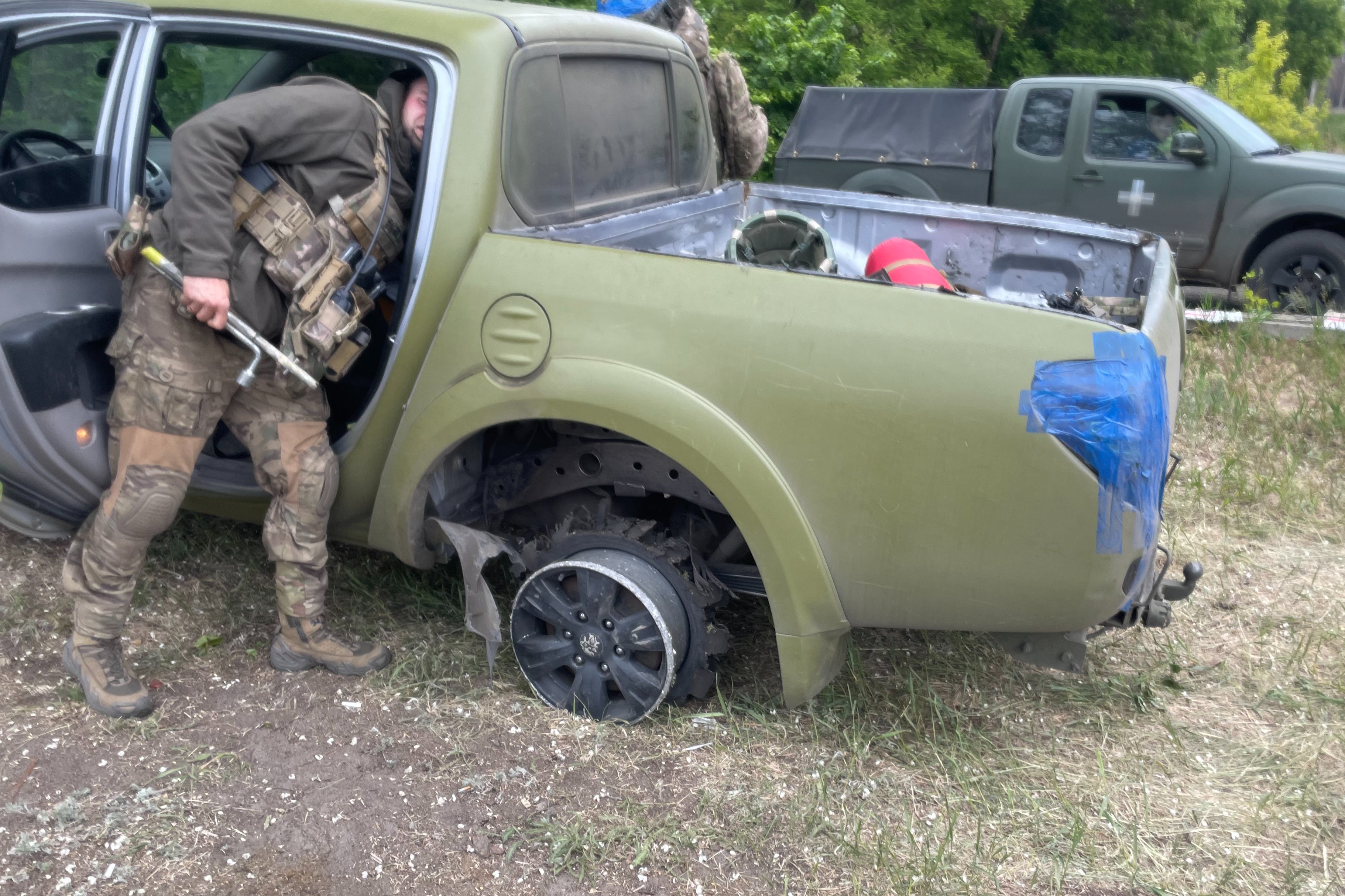 The Independent spoke to these soldiers who had a lucky escape when a drone exploded near their vehicle, blowing off a wheel