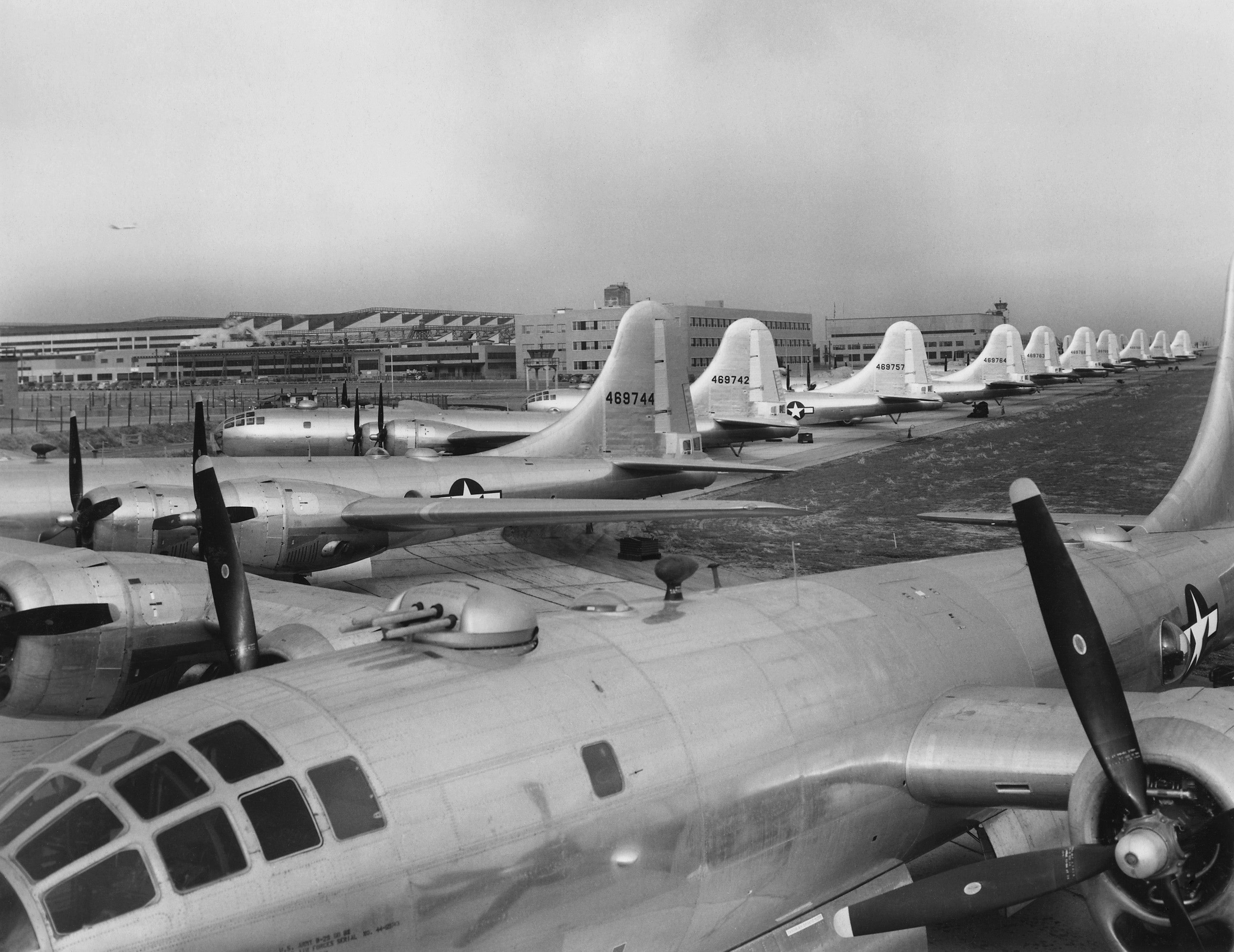 Eleven B-29’s in Boeing-Wichita assembly factory awaiting final flight tests. The ‘Superfortresses’ were introduced to combat in May 1944, mainly in the Pacific as long range bombers against Japan.