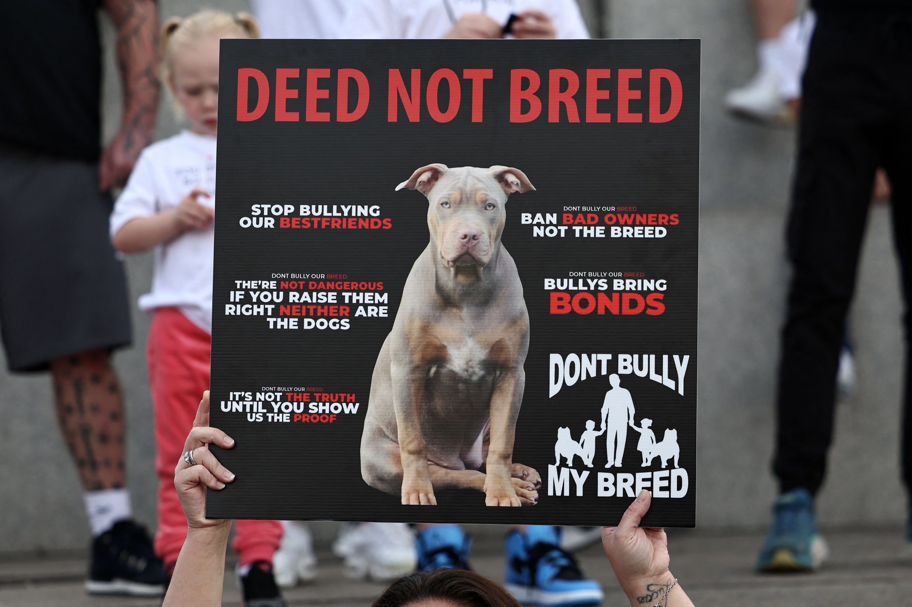 Supporters hold placards during a protest against the Government's plans to ban the XL bully breed