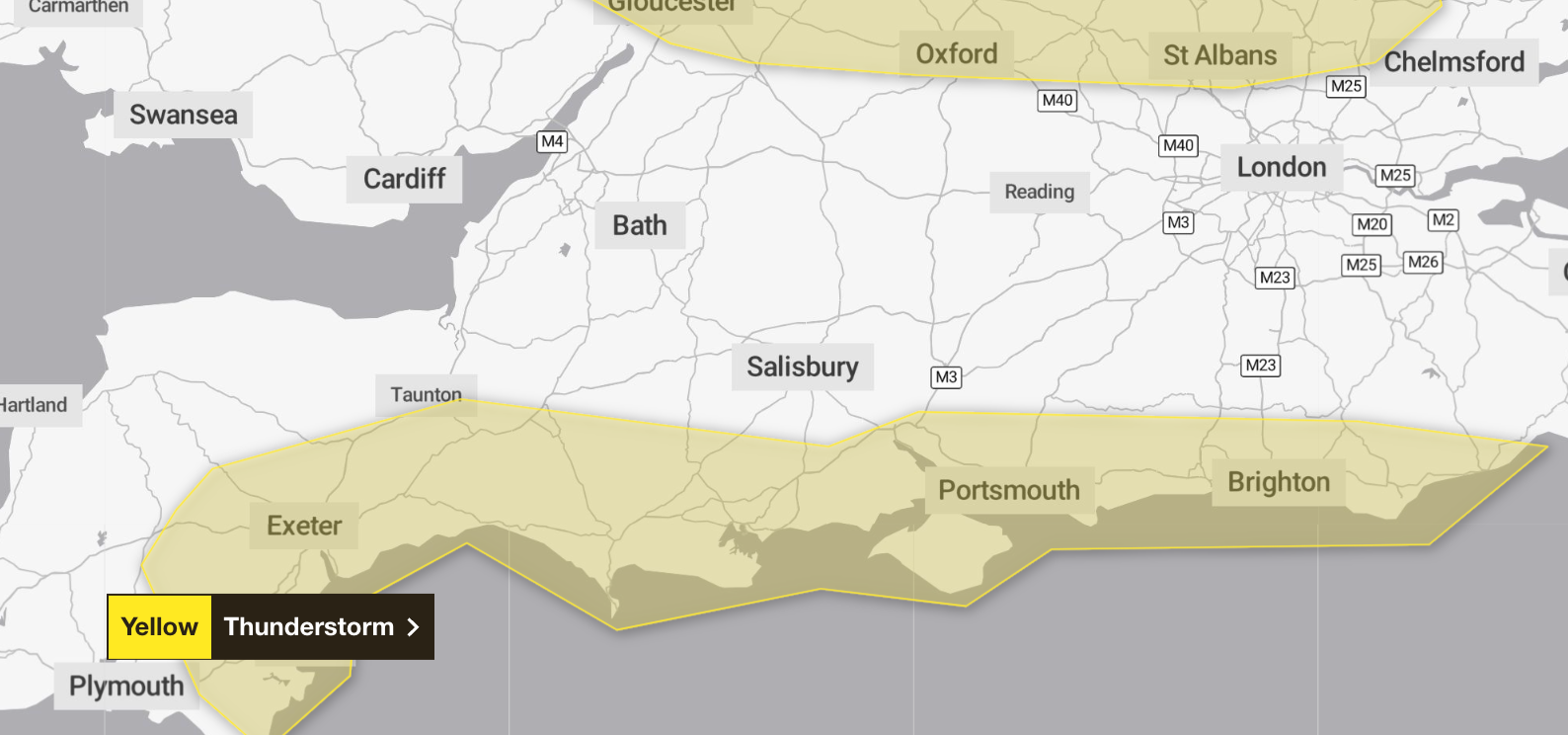 Much of the south coast is likely to see lightning, with a yellow warning for thunderstorms in place from 8am until 7pm on Wednesday