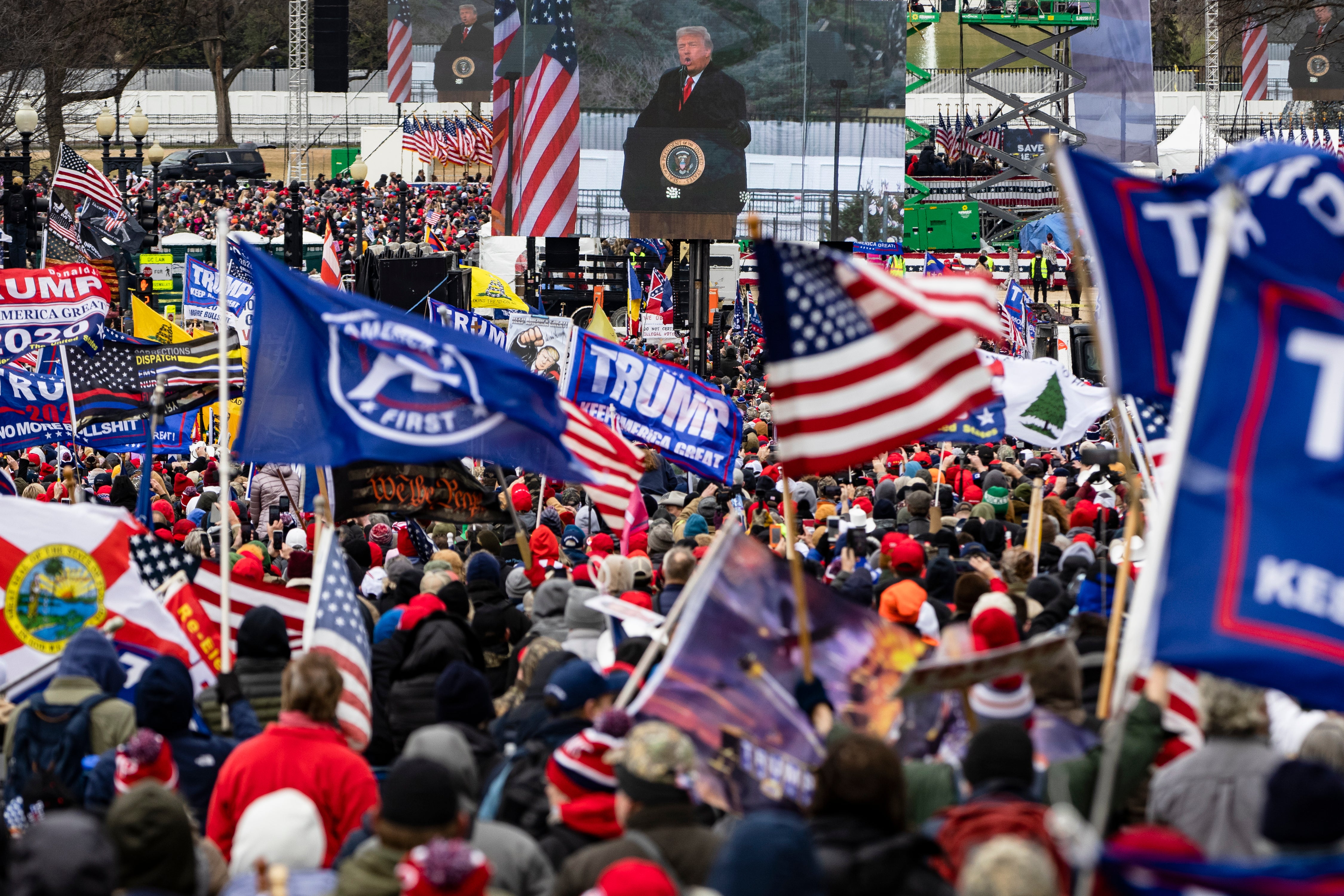 The ‘Appeal To Heaven’ flag, seen middle right, was used by supporters of Donald Trump as part of their ‘Stop The Steal’ campaign