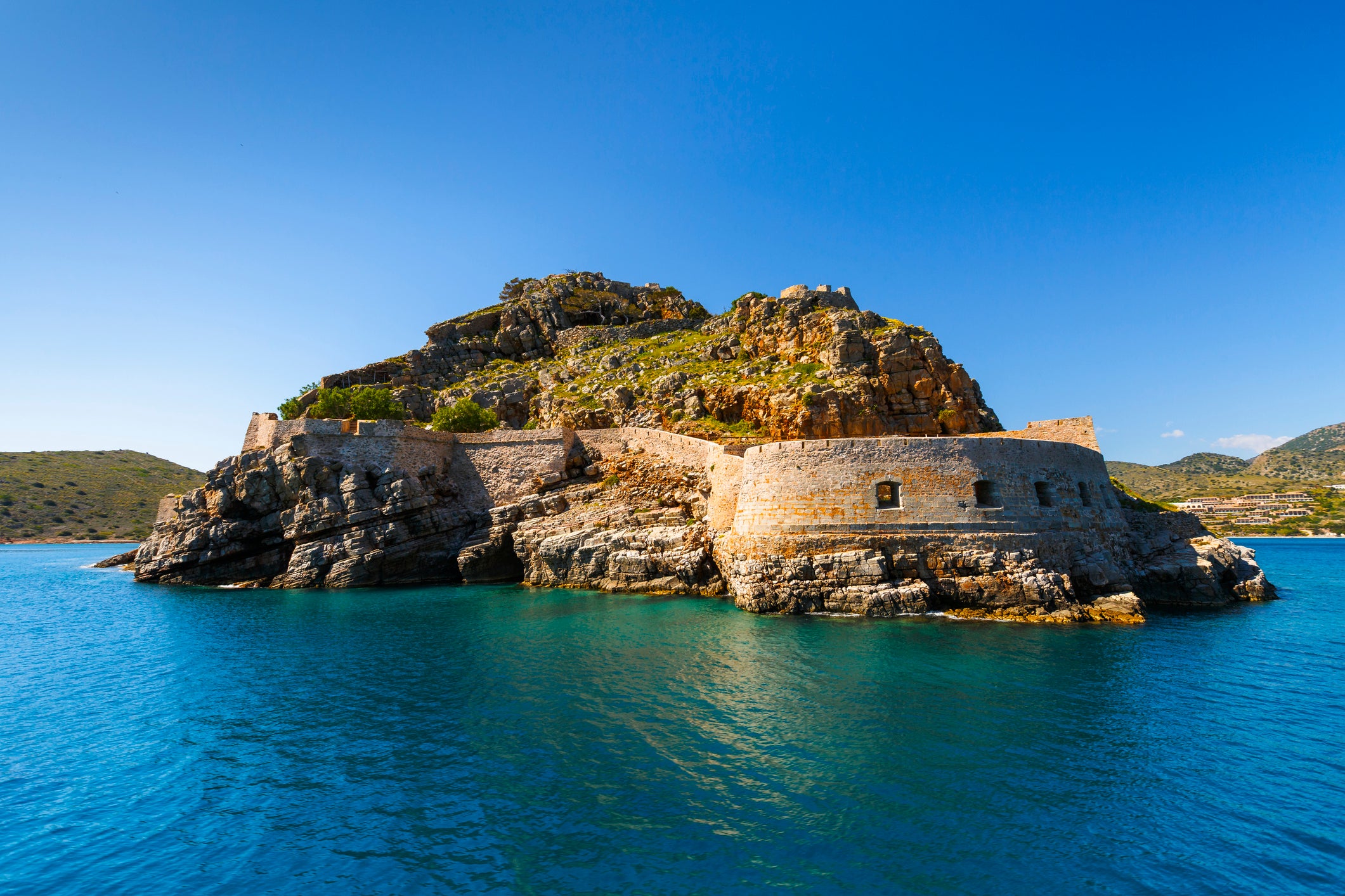 Historical site of Spinalonga island on a sunny spring day, Crete, Greece