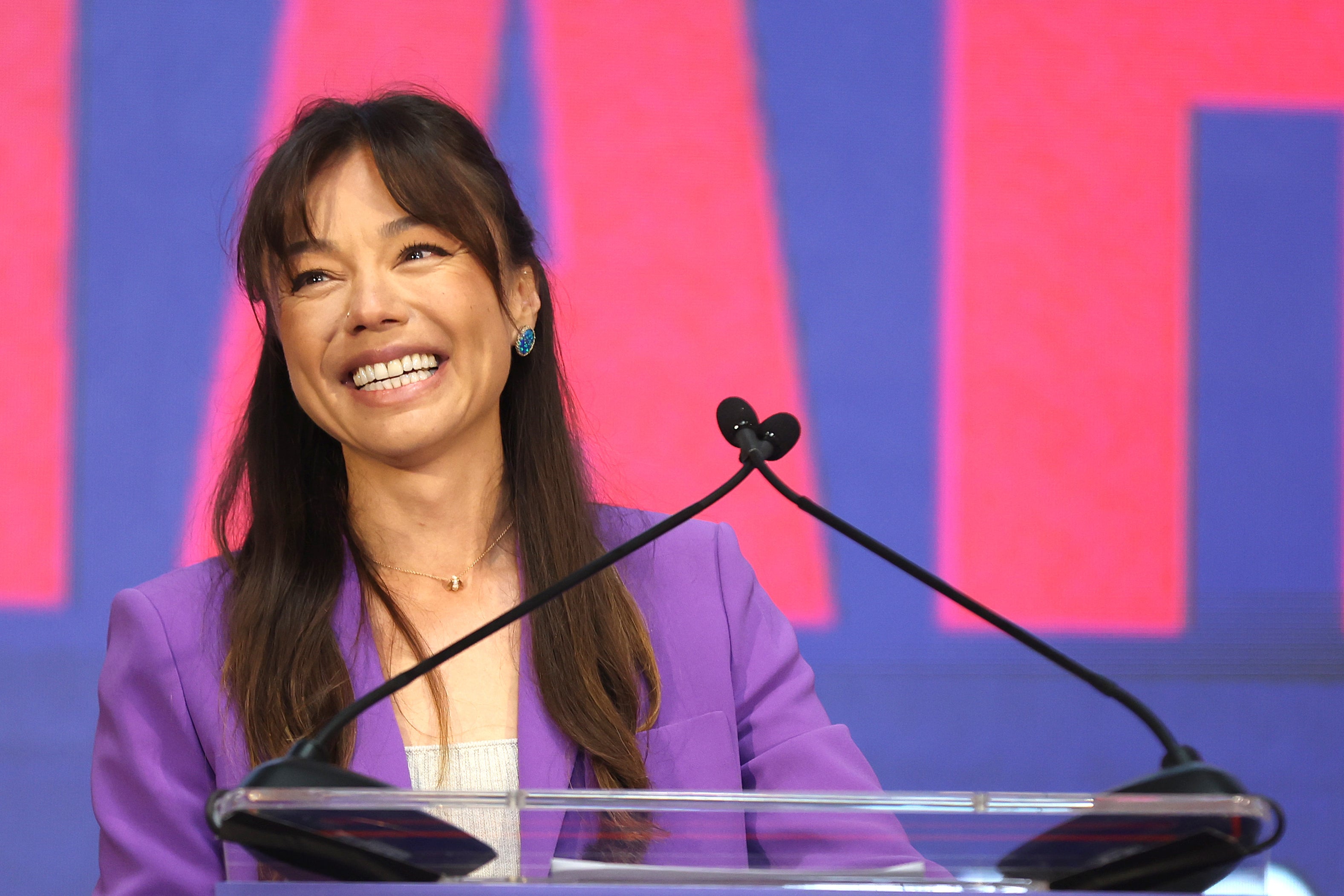 Independent vice presidential candidate Nicole Shanahan speaks during a campaign event with Robert F Kennedy Jr