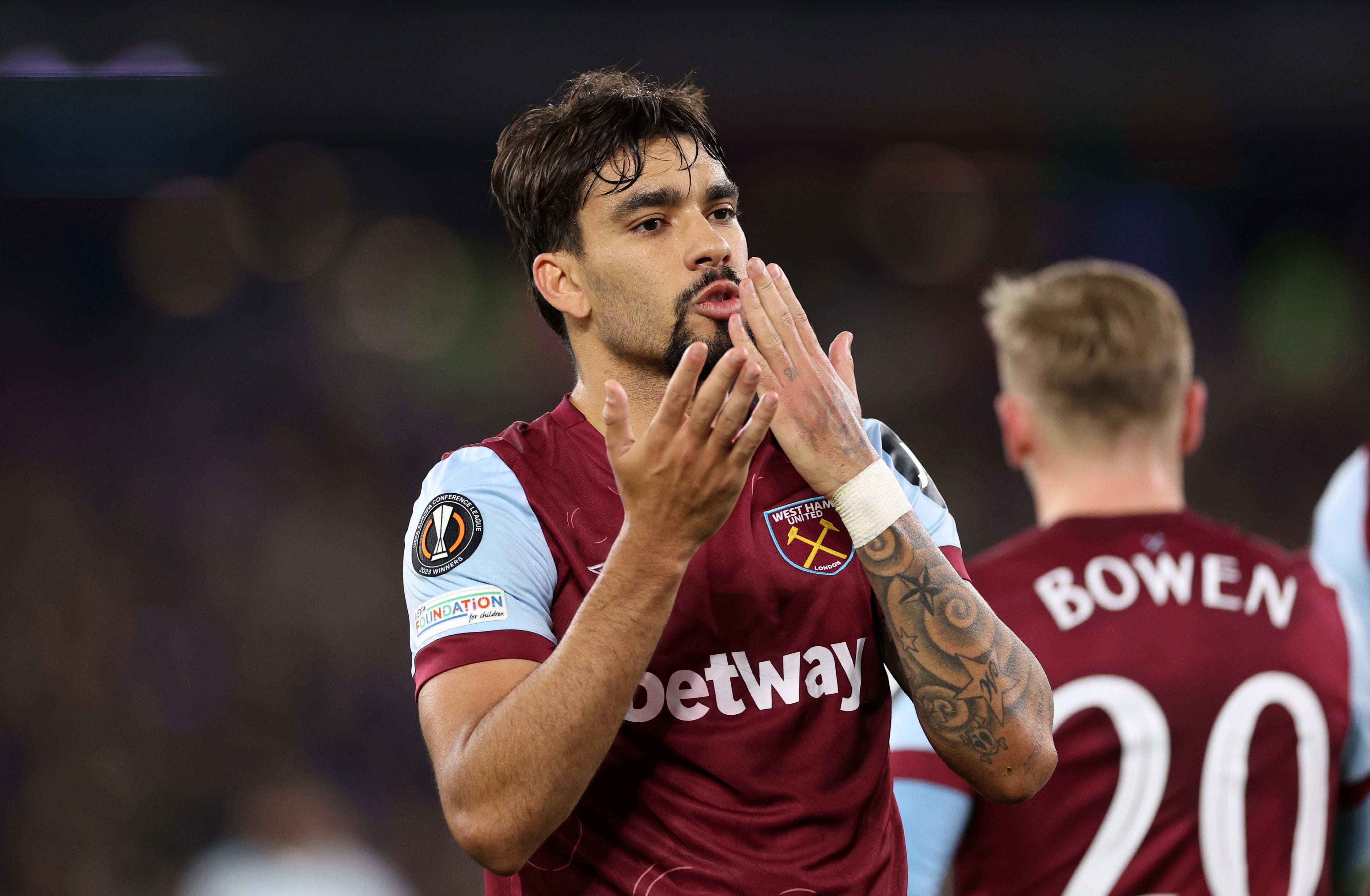 Lucas Paqueta of West Ham United celebrates against Olympiacos