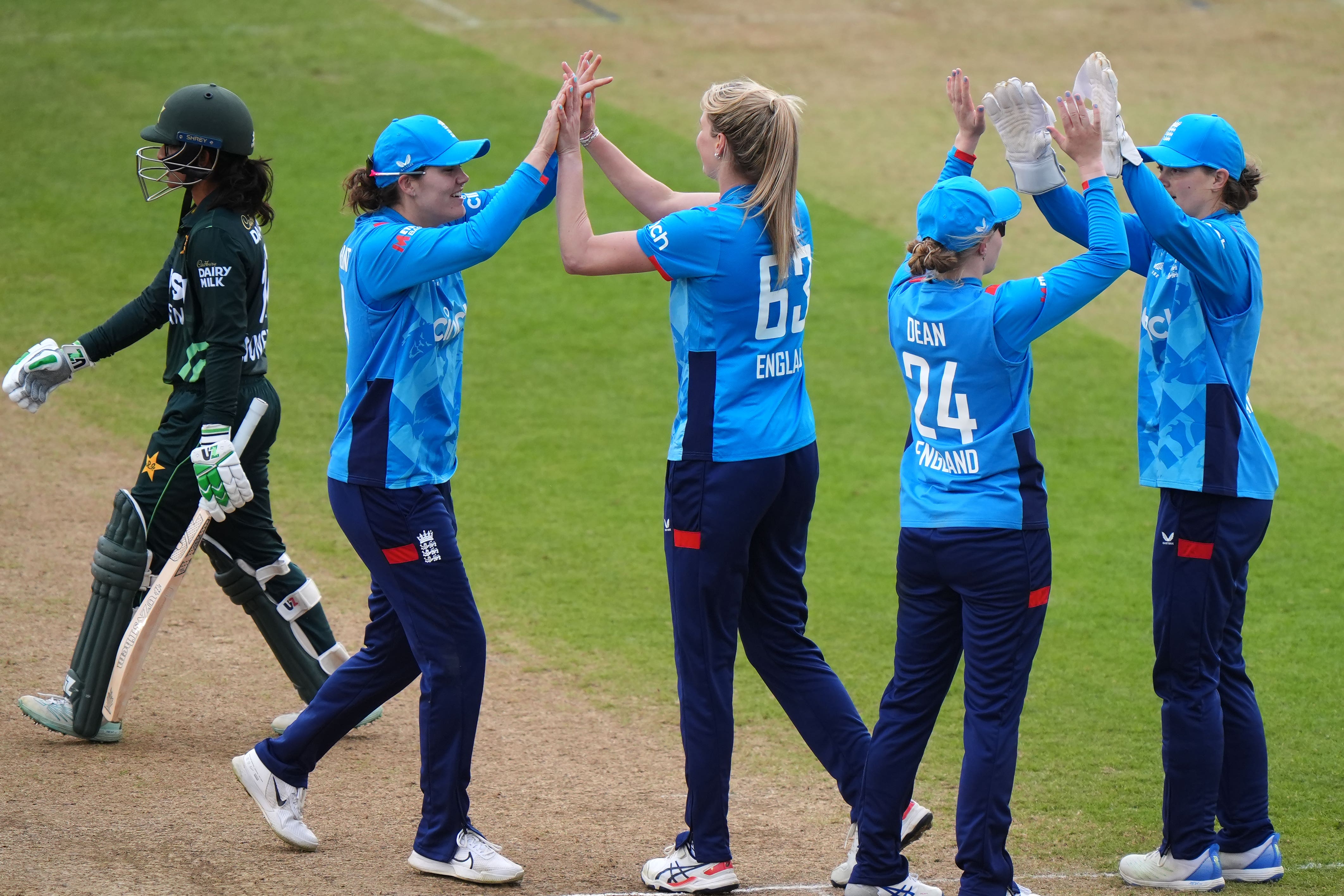 England players celebrate the key wicket of Muneeba Ali during their ODI victory against Pakistan in Derby (Bradley Collyer/PA)