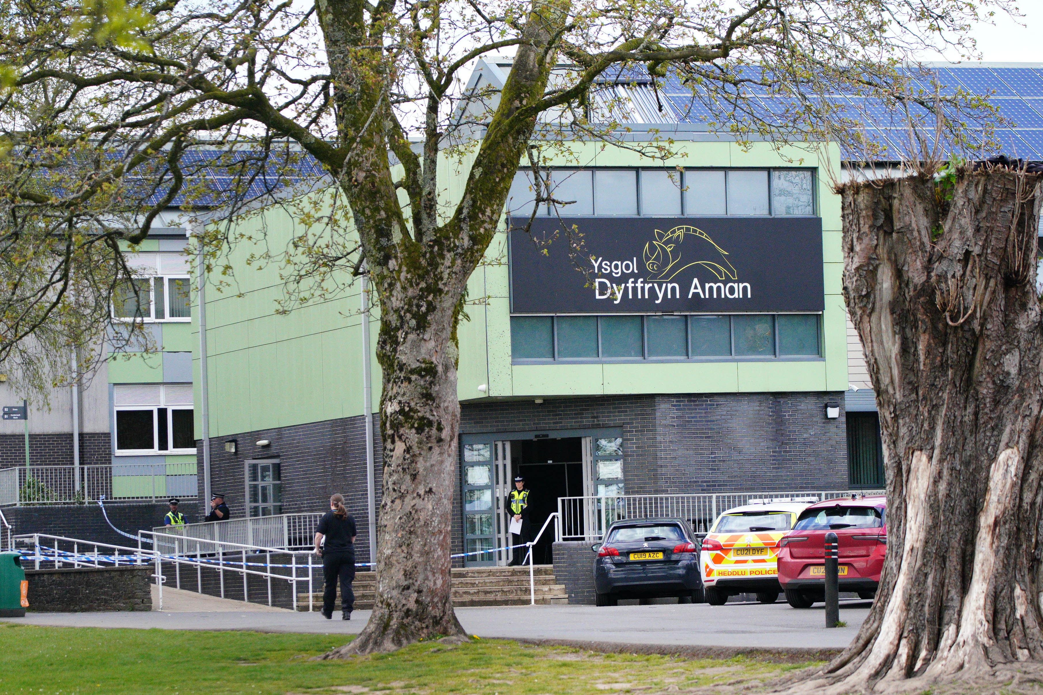 Police at Amman Valley School in Ammanford, Carmarthenshire (Ben Birchall/PA)