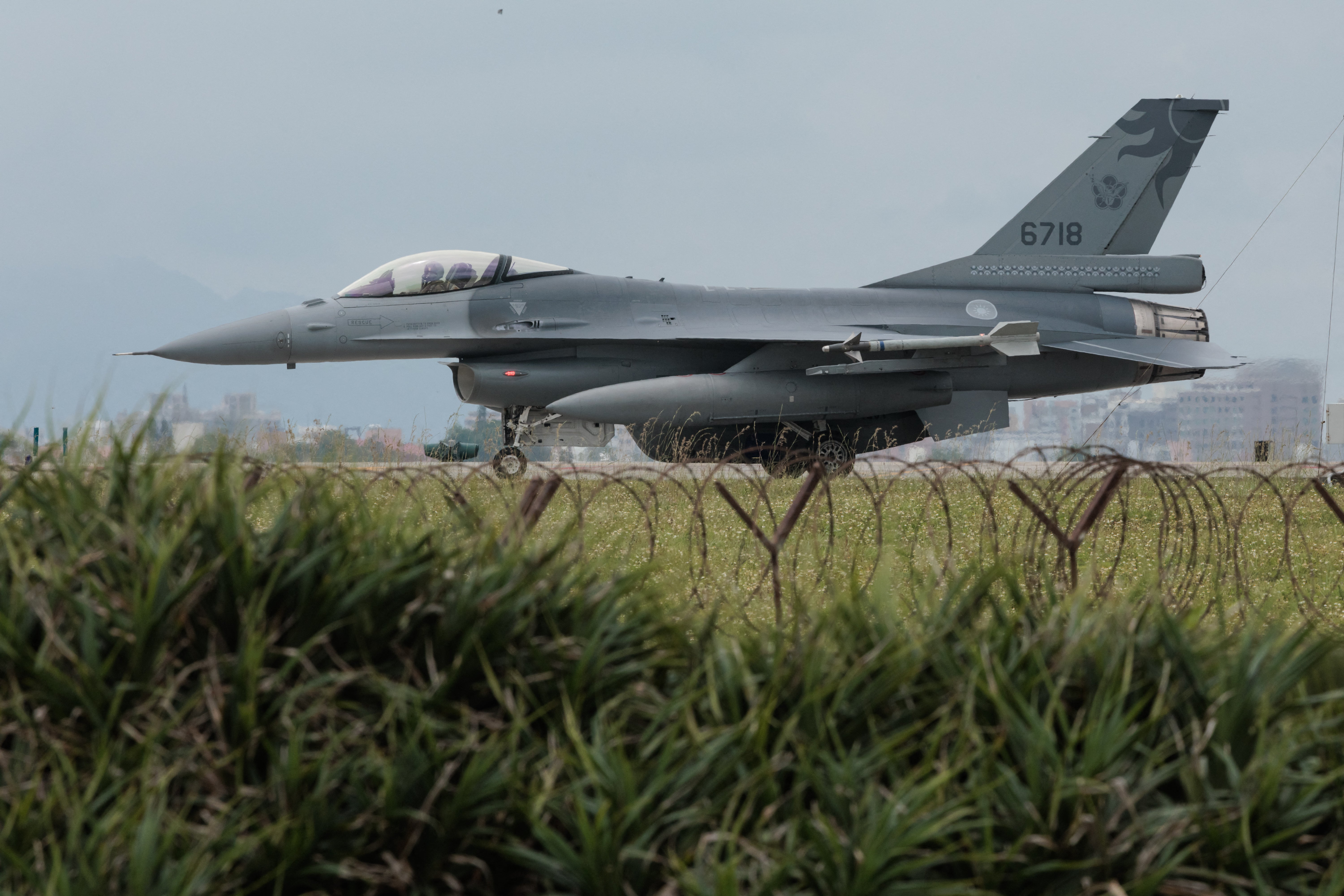 A Taiwanese F-16 fighter jet taxis after landing at an air force base in Hualien in eastern Taiwan earlier this year