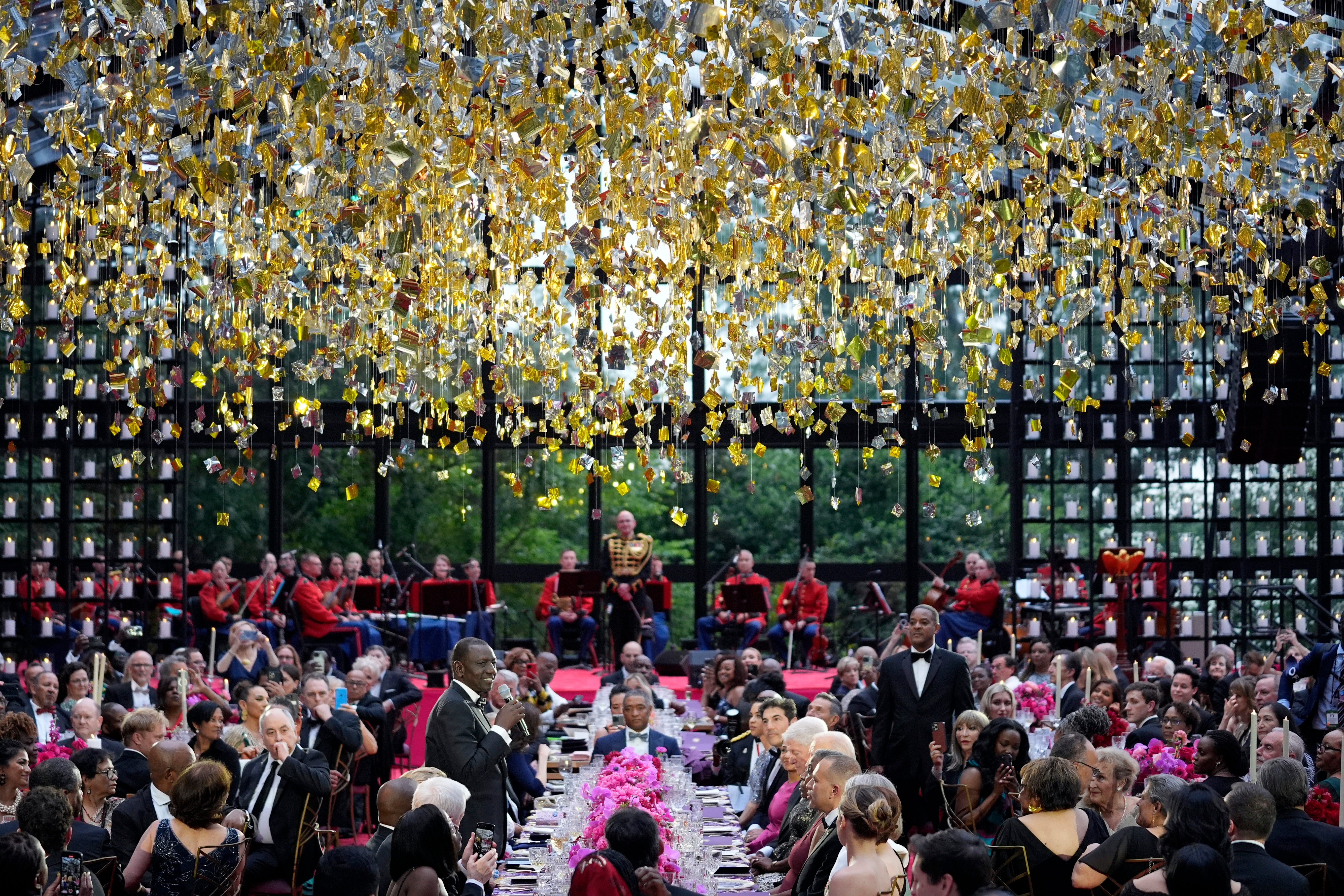 The transparent pavilion on the South Lawn decked with illuminating spectacles