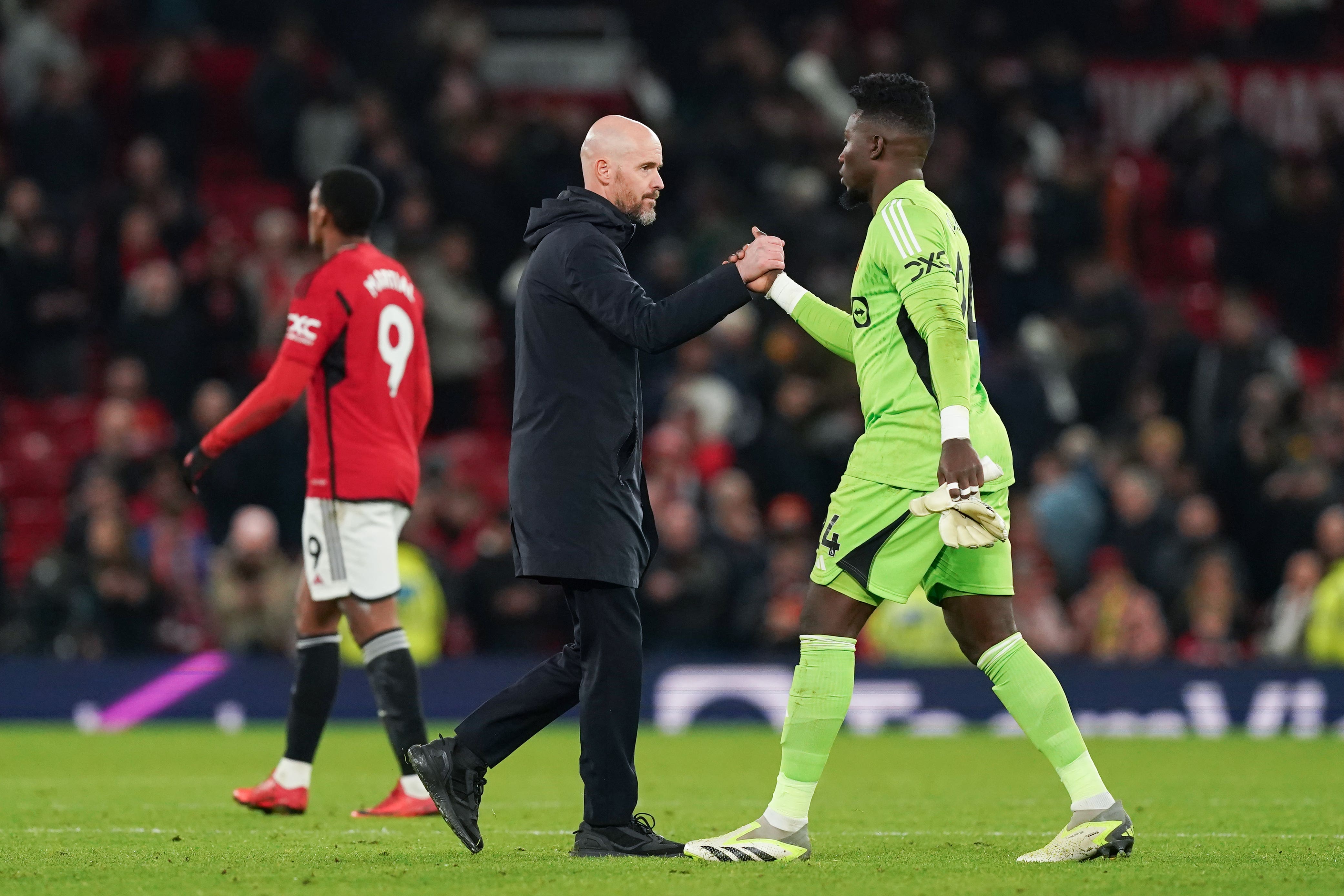 Manchester United manager Erik ten Hag (left) and Andre Onana (Martin Rickett/PA)