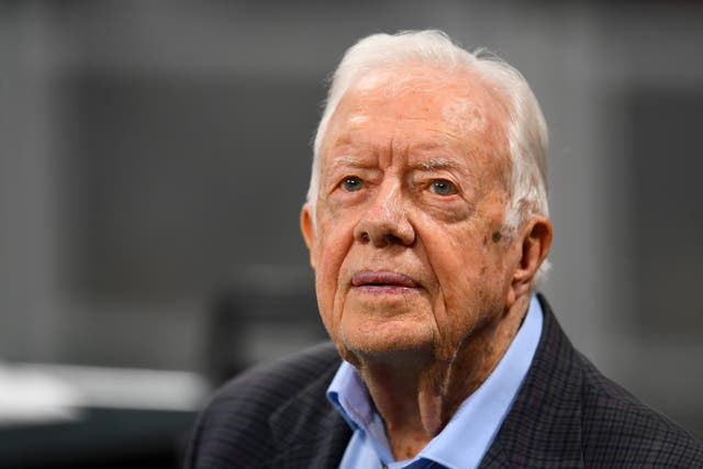 <p>Former president Jimmy Carter prior to the game between the Atlanta Falcons and the Cincinnati Bengals at Mercedes-Benz Stadium on 30 September, 2018 in Atlanta, Georgia</p>