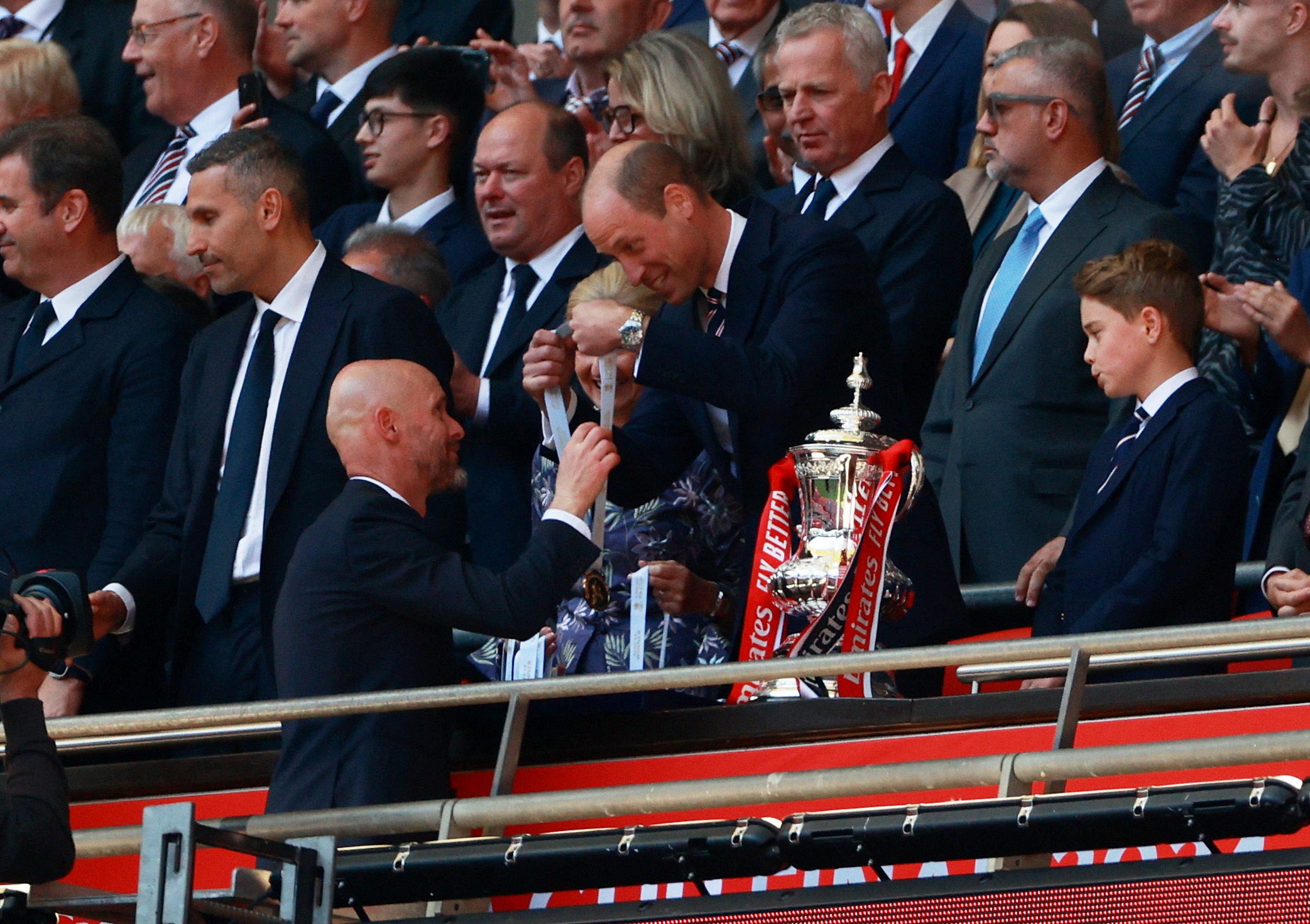 Manchester United manager Erik ten Hag collected his winners medal from Prince William at the 2024 FA Cup final