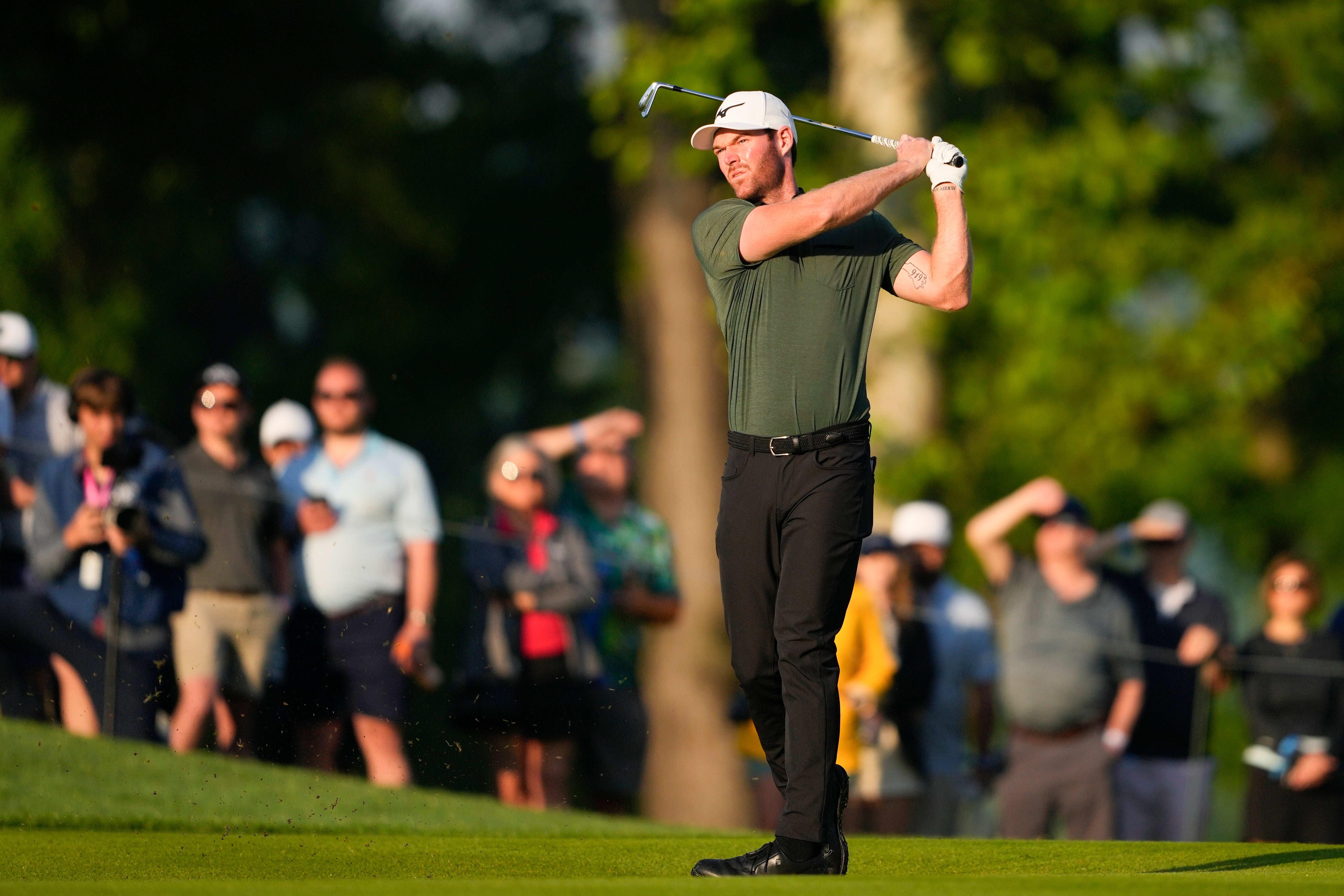 Grayson Murray hits from the fairway on the 10th hole during the first round of the PGA Championship golf tournament at the Valhalla Golf Club, Thursday, May 16, 2024