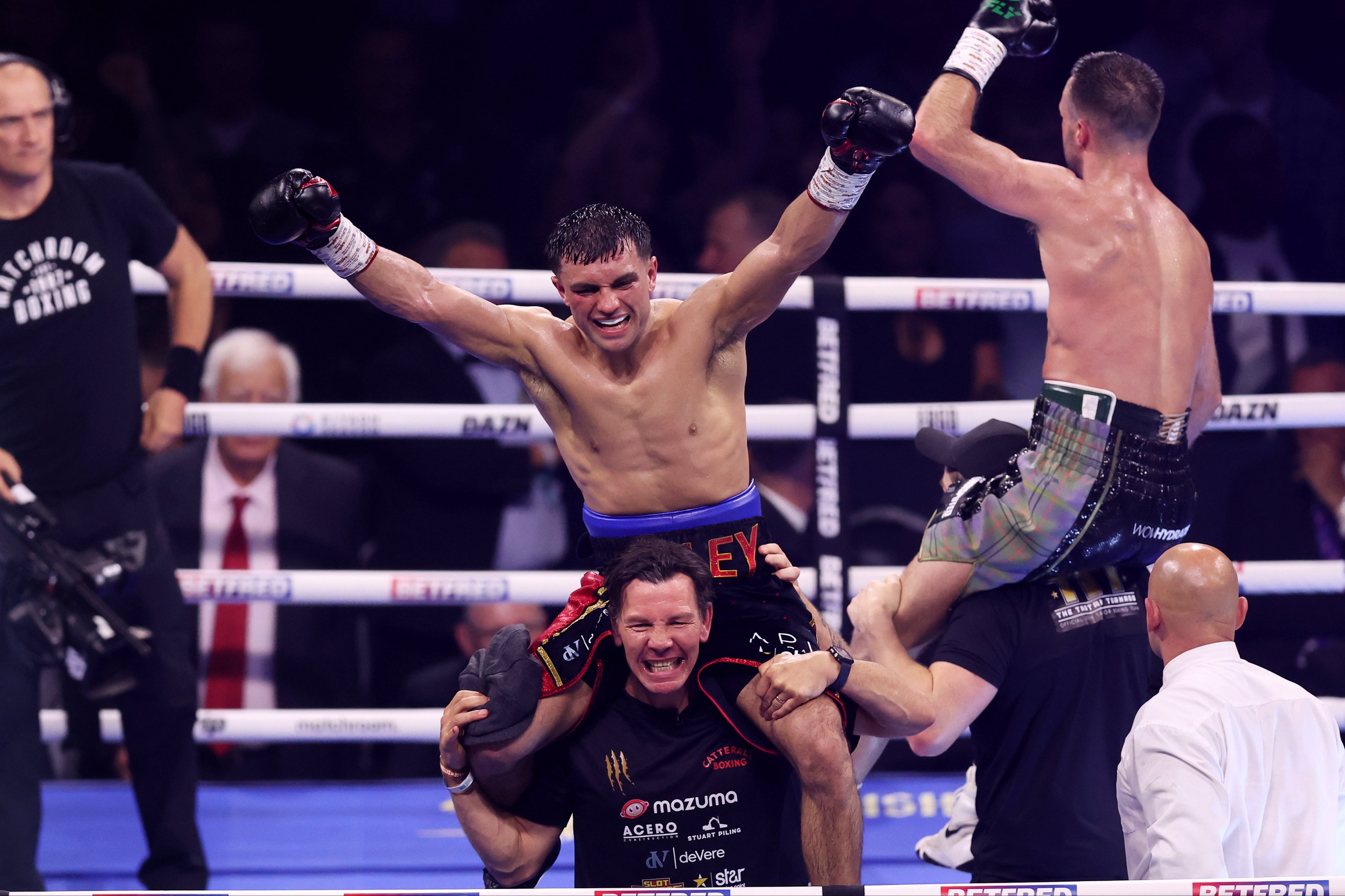 Jack Catterall celebrates before the scorecards confirm his win against Josh Taylor