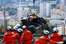 Sergio Perez’s Red Bull car in tatters after massive crash at start of Monaco Grand Prix