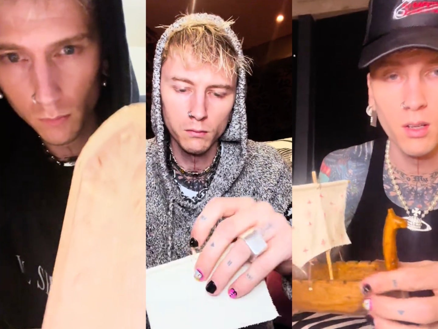 Machine Gun Kelly carving a wooden boat in a vulnerable video shared on TikTok