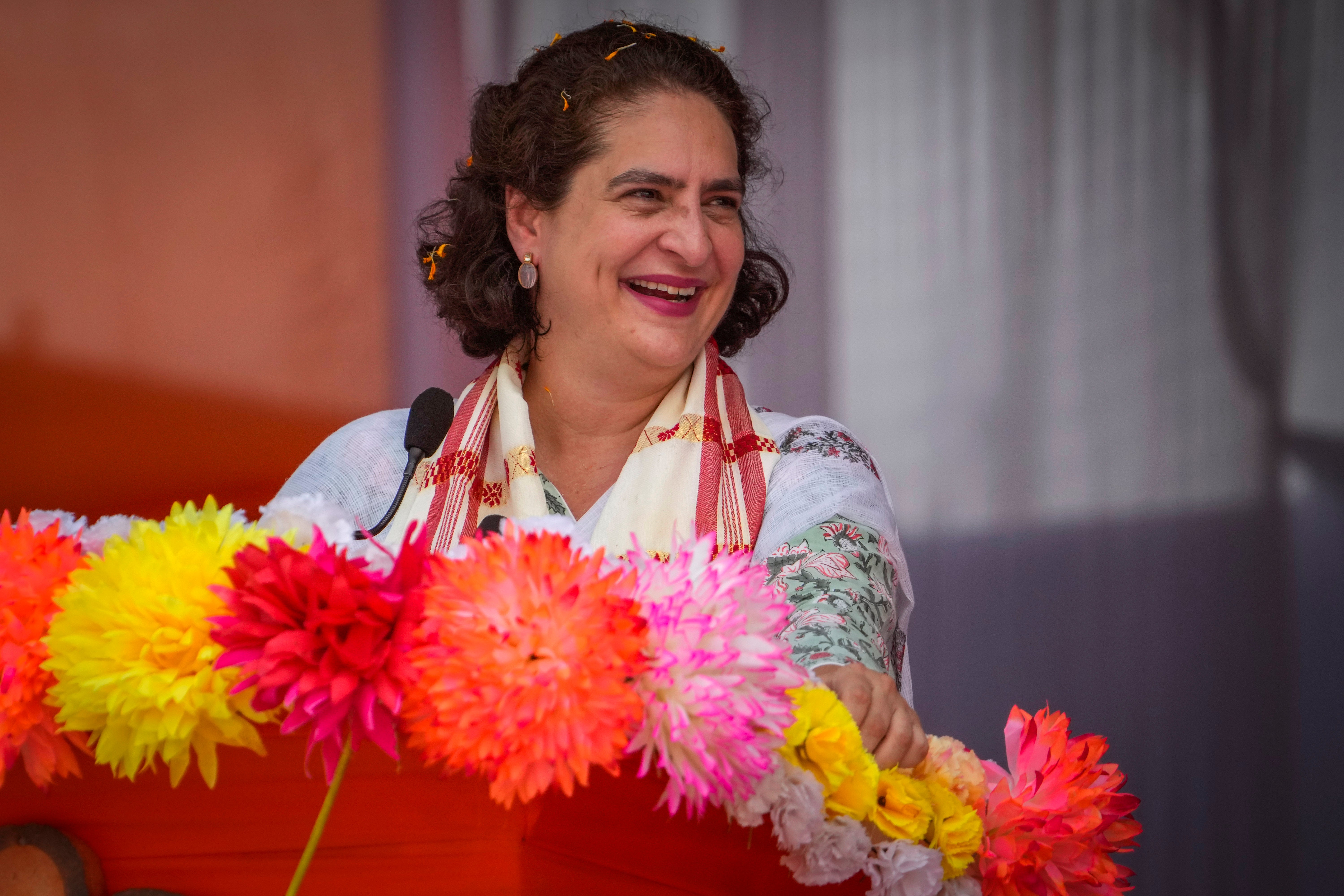 Congress party leader Priyanka Gandhi-Vadra at an election rally in Dhubri district in lower Assam