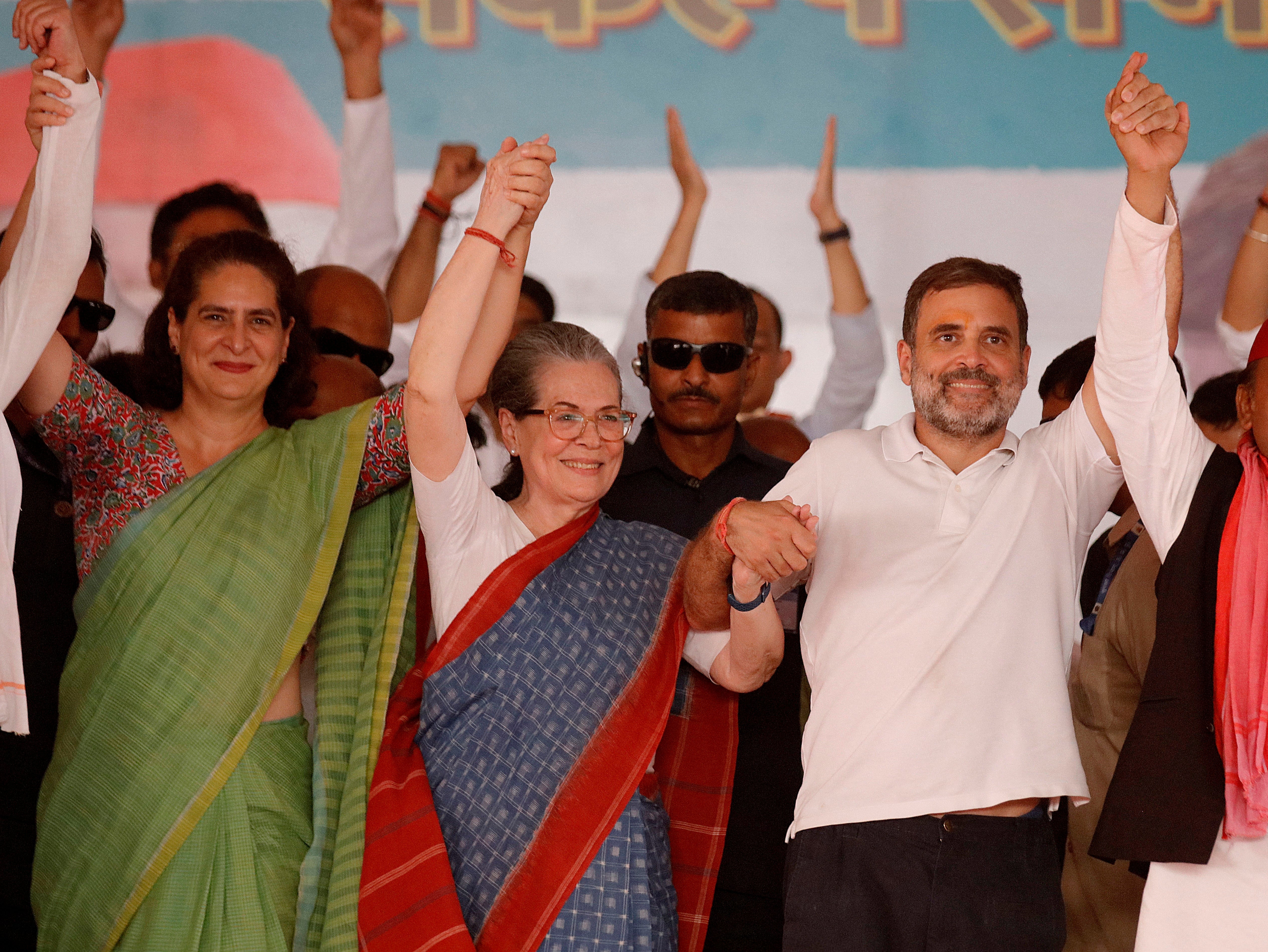 Left to right: Priyanka Gandhi-Vadra, Sonia Gandhi and Rahul Gandhi at an election campaign rally in Rae Bareli