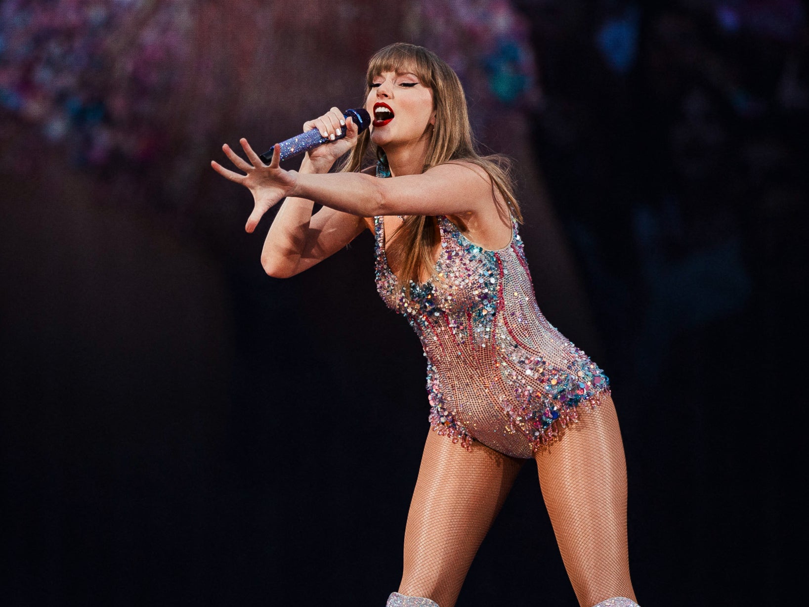 American singer and songwriter Taylor Swift performs on stage as part of her Eras Tour in Lisbon on May 24, 2024