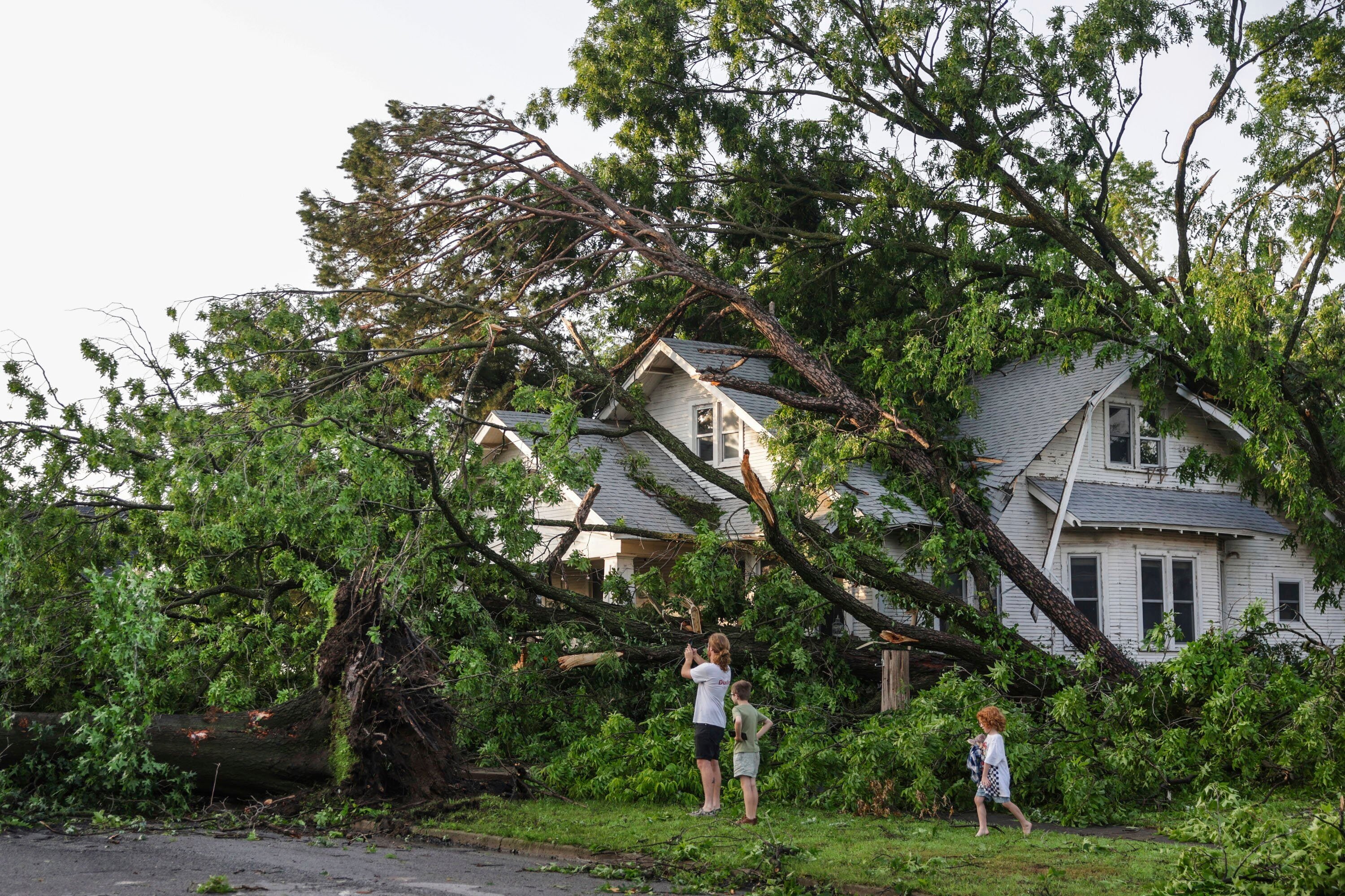 A home in Claremore, Oklahoma buried under fallen trees after a tornado on Sunday. At least 21 people were killed by severe weather in the central US this weekend