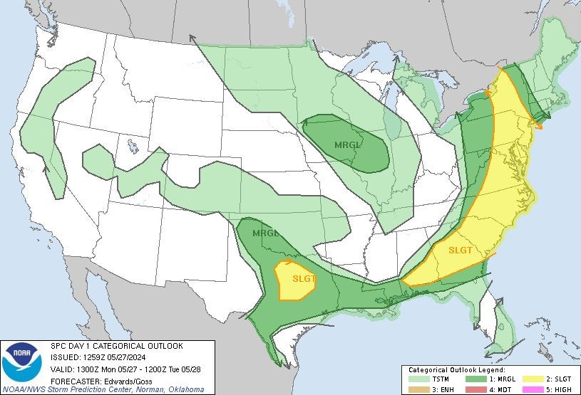 A map from the National Weather Service forecasting severe weather on Monday 27 May